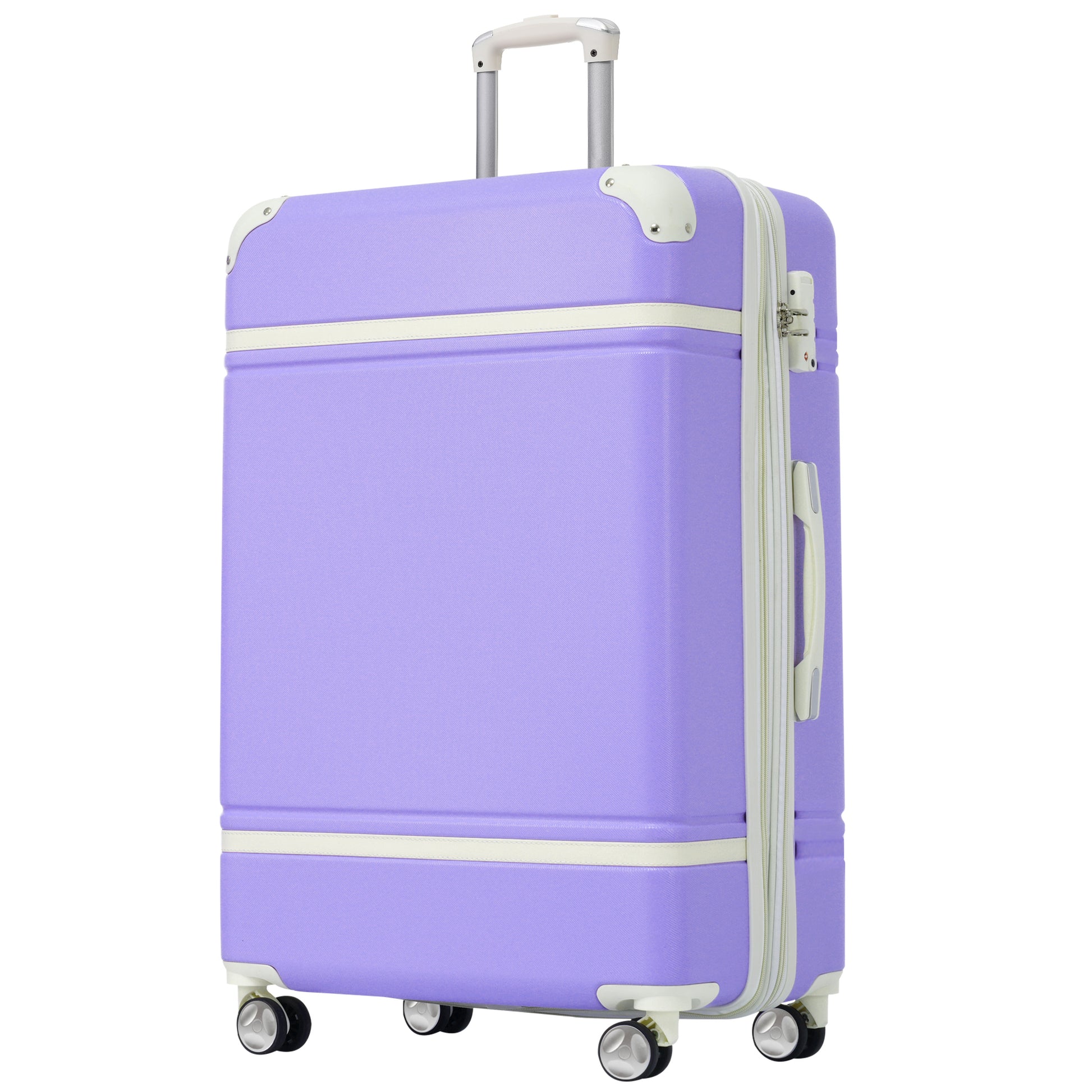 Purple hardshell spinner suitcase with cream accents and TSA lock