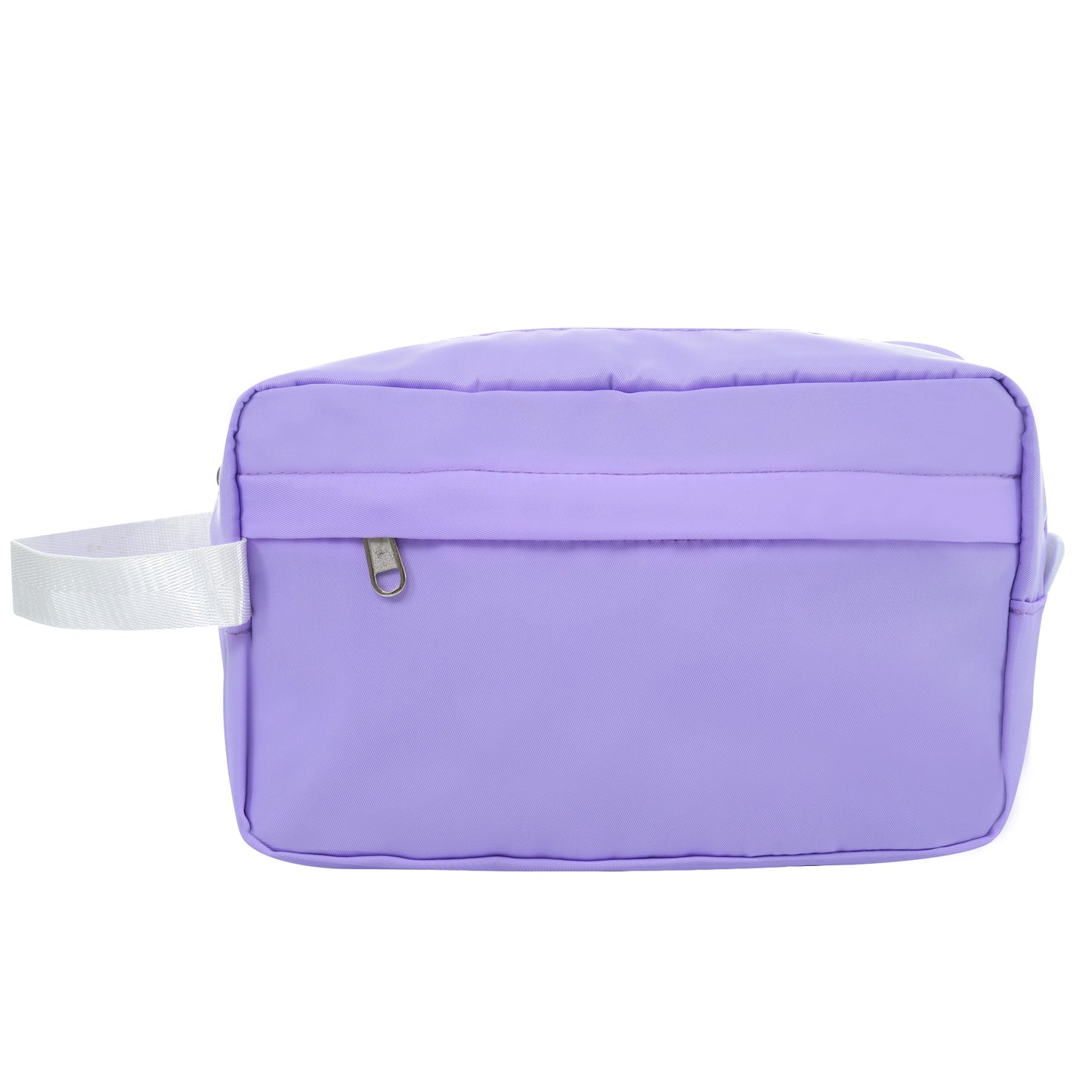 Lavender nylon cosmetic bag with white strap and silver zipper