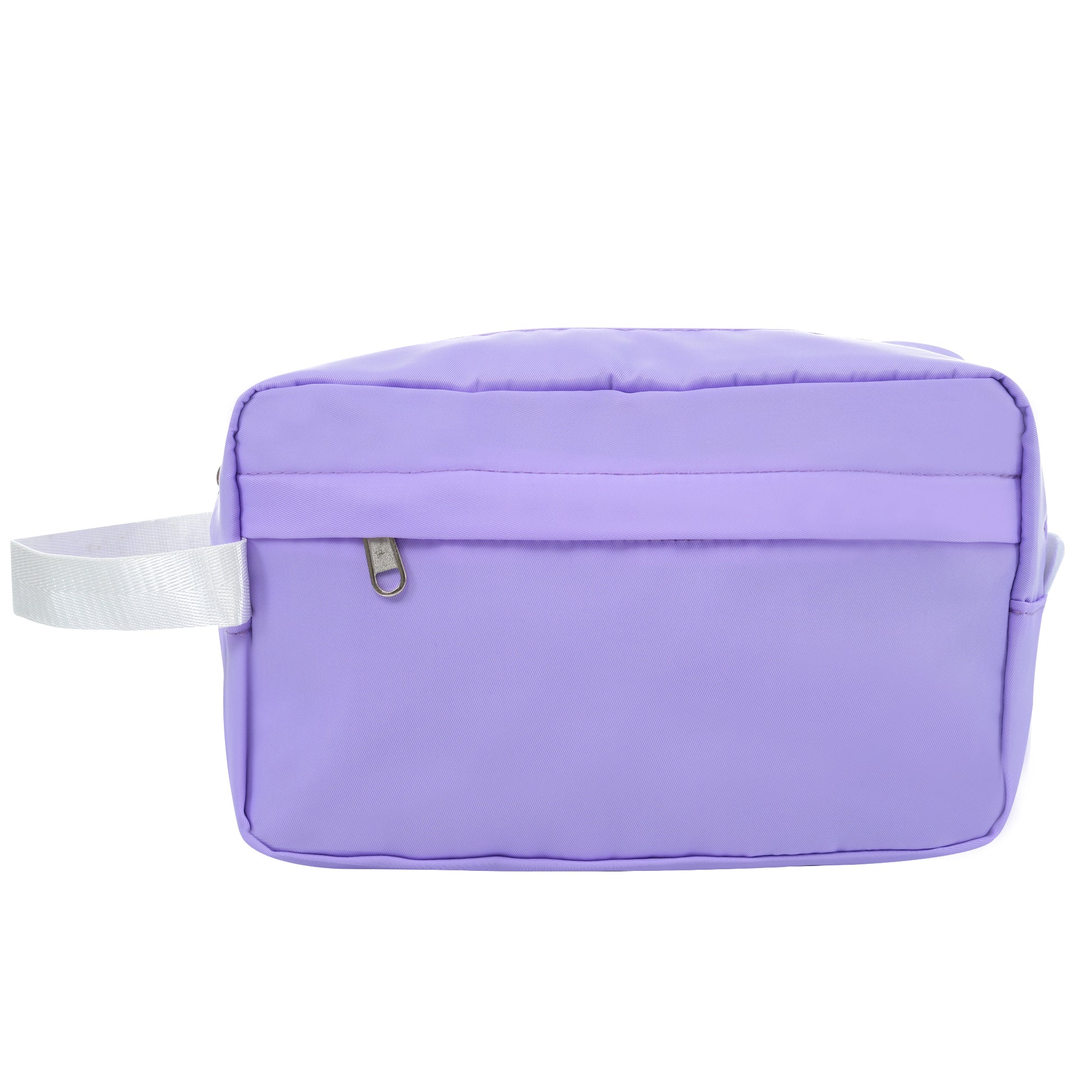 Lavender nylon cosmetic bag with white strap and silver zipper