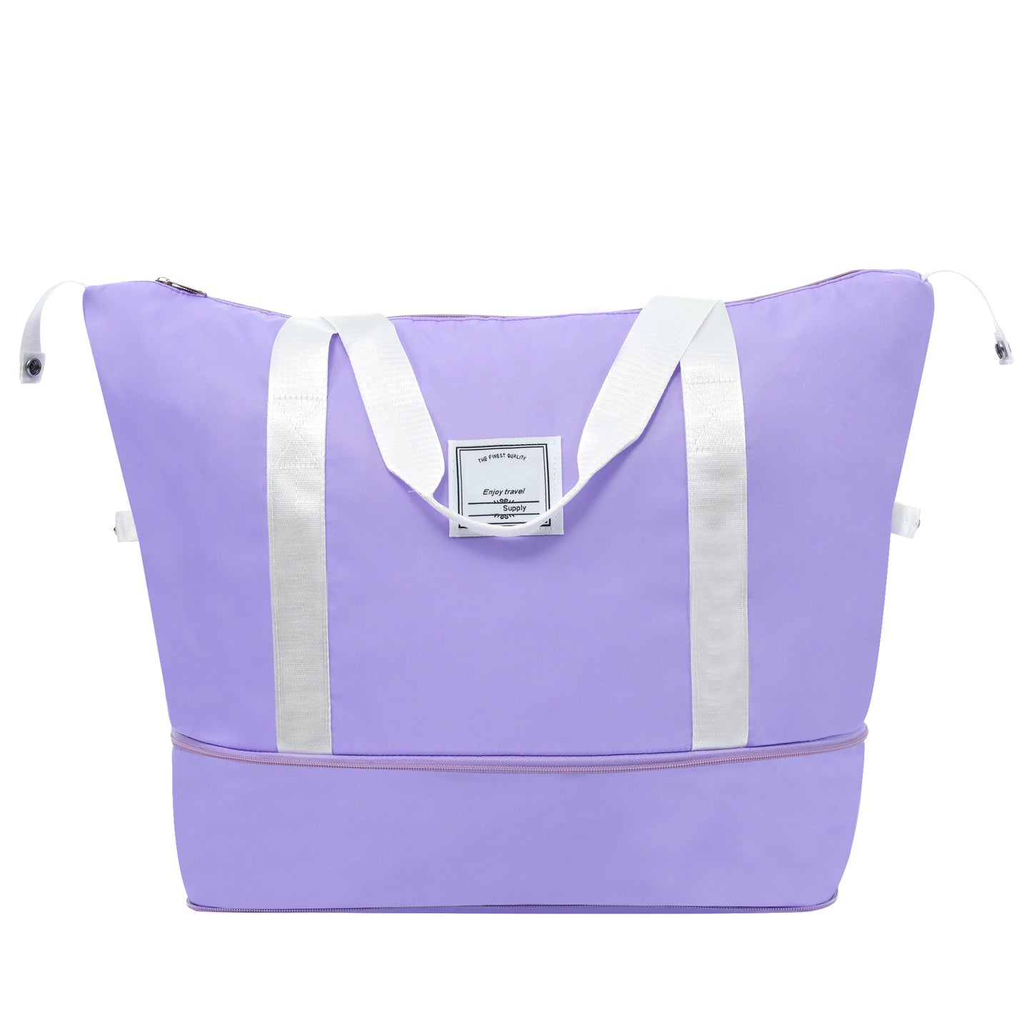 Lavender duffel bag with white handles and zipper expansion for travel essentials