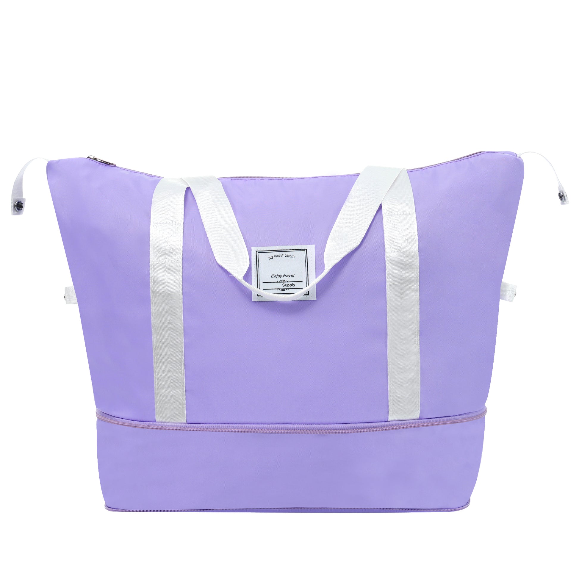 Lavender duffel bag with white handles and zipper expansion for travel essentials