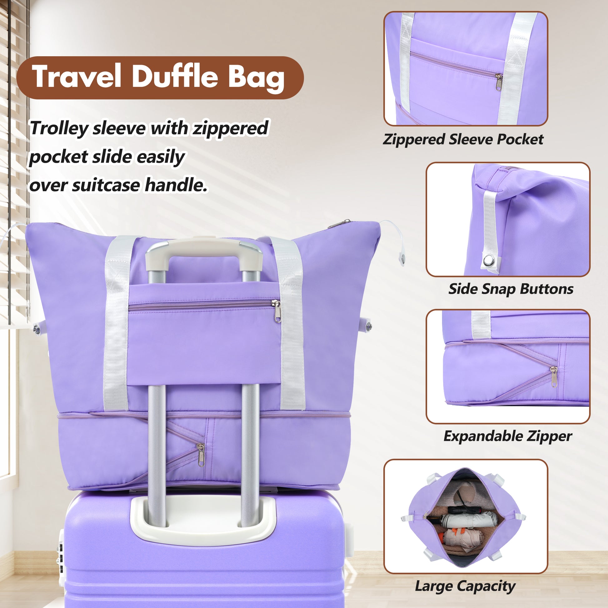 Purple travel duffle bag with zippered sleeve pocket slides over luggage handle