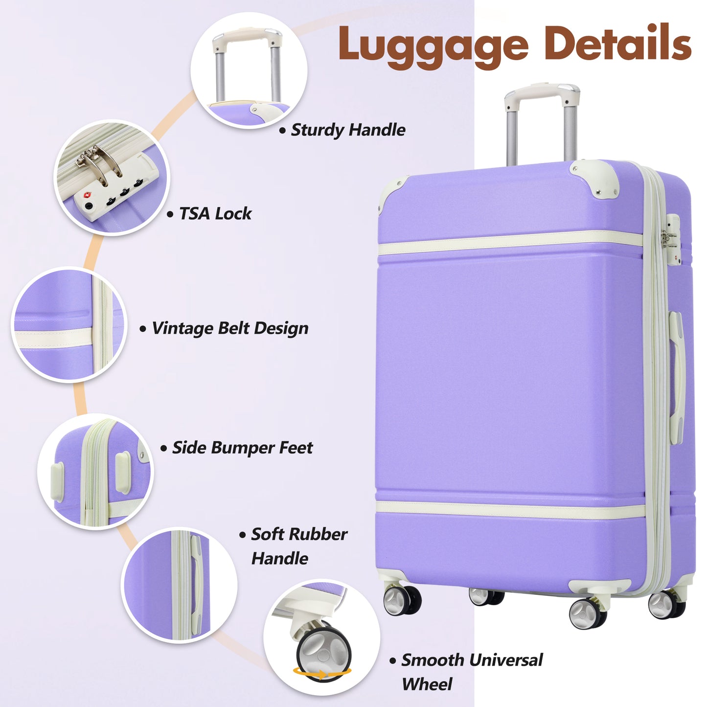 Light purple hardshell suitcase with TSA lock and vintage belt details