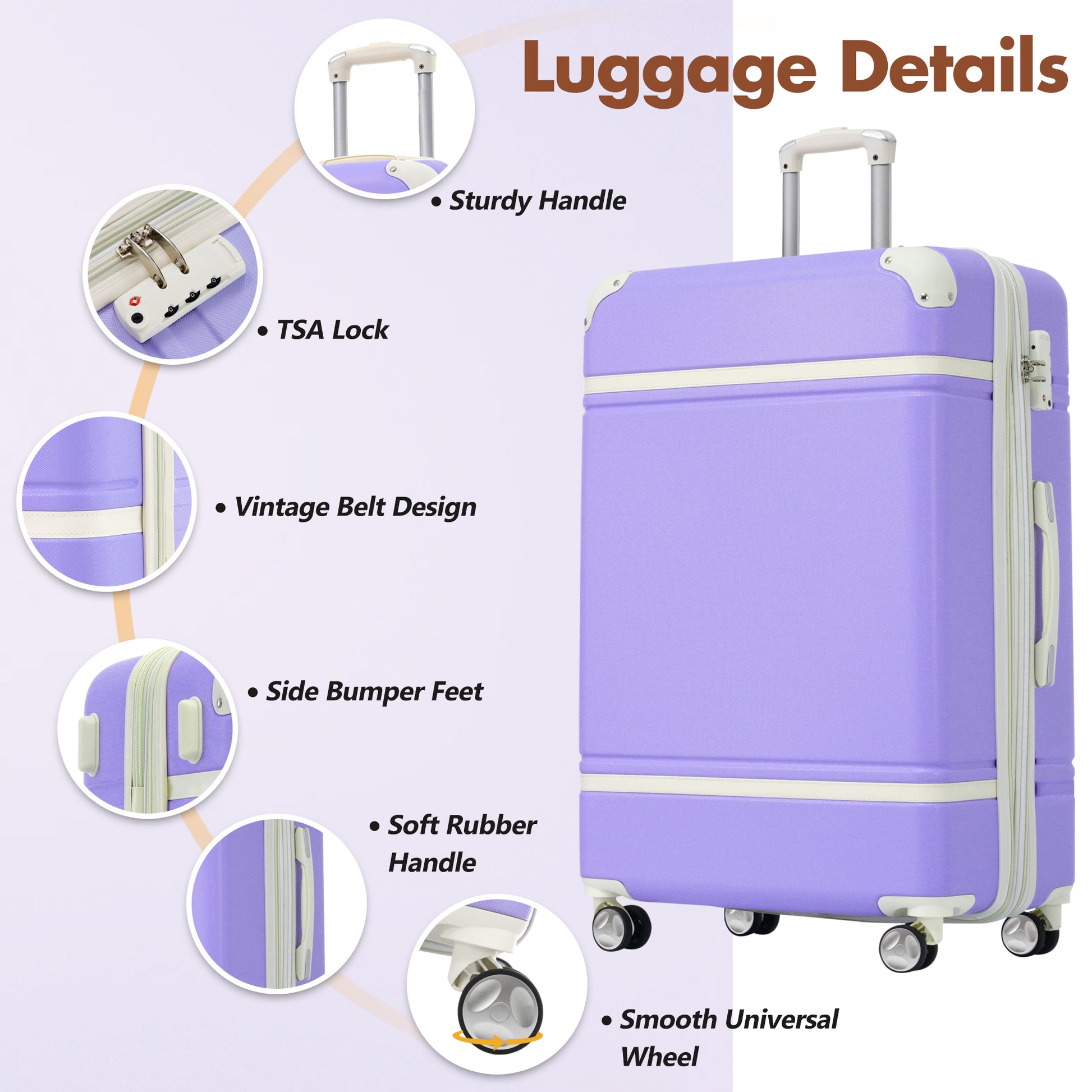 Light purple hardshell suitcase with TSA lock and vintage belt details
