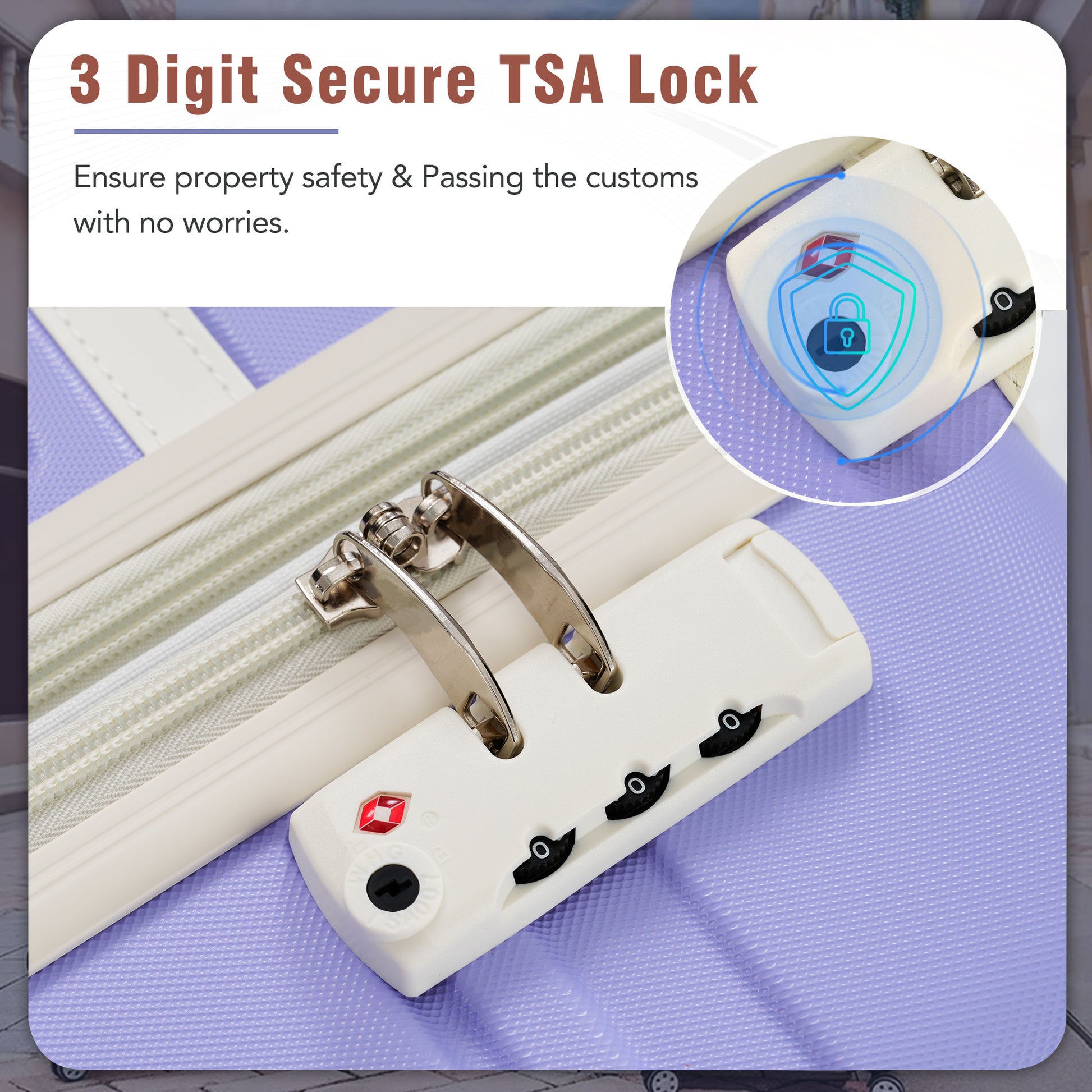 Digit Secure TSA Lock on a lavender suitcase perfect for travel security