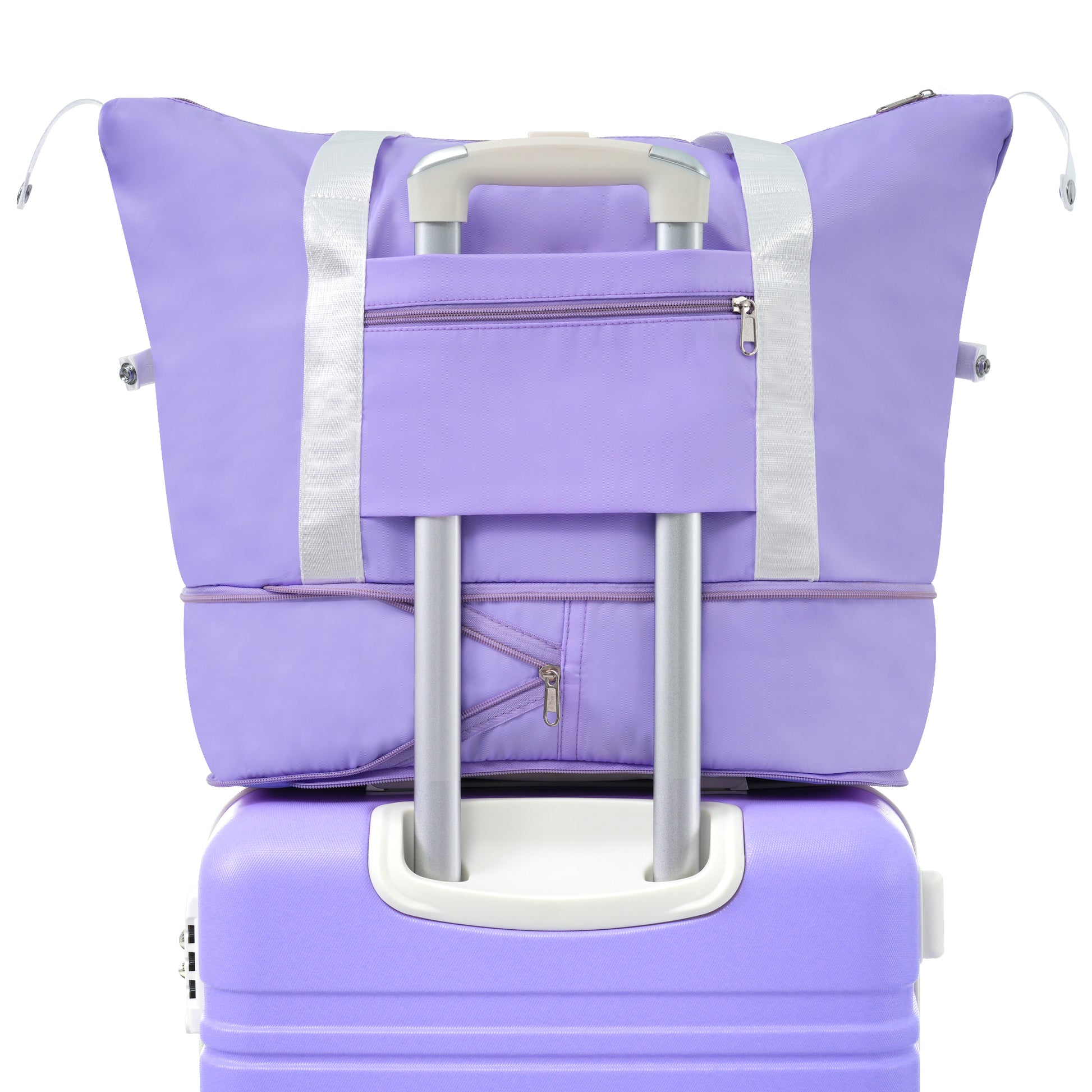 Light purple carryon luggage with a foldable duffel bag attached featuring silver accents and zippers
