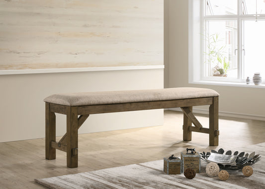 Wooden entryway bench with neutral textured upholstered seat perfect for hallways