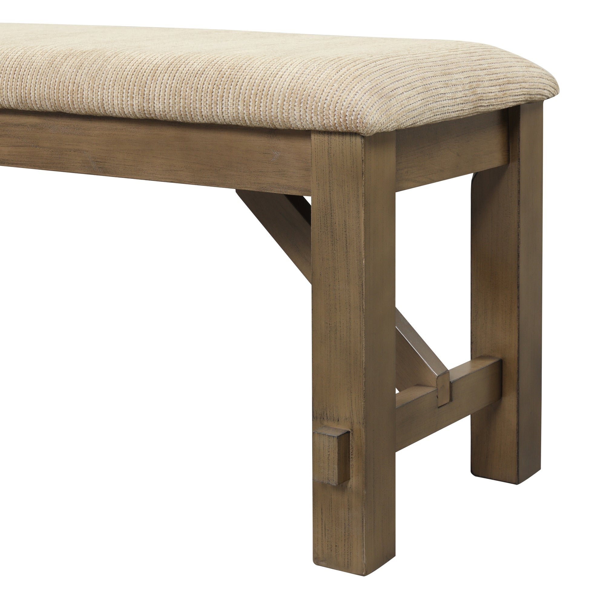 Rustic wood bench with textured beige upholstered seat