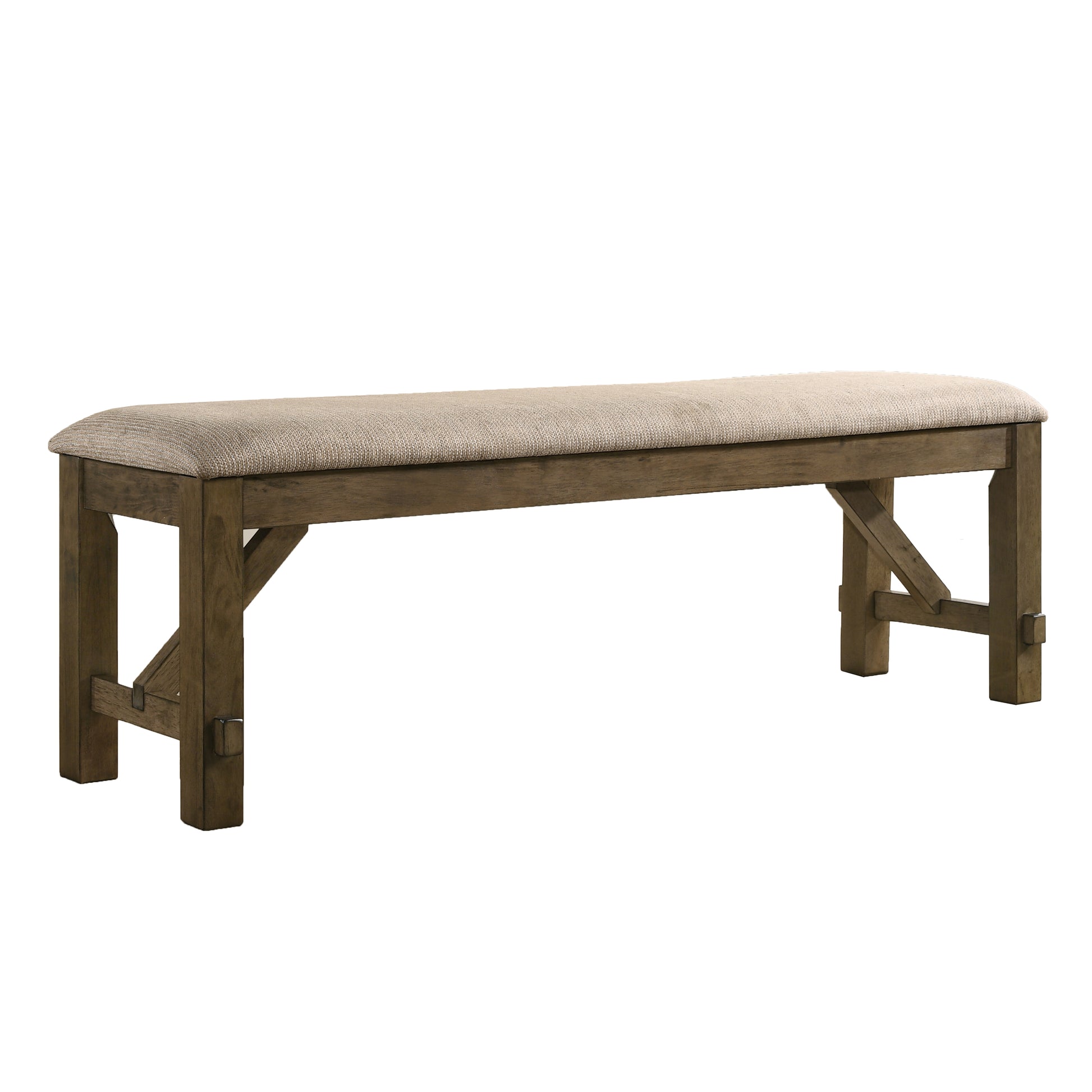 Rustic wood dining bench with neutral upholstered seat