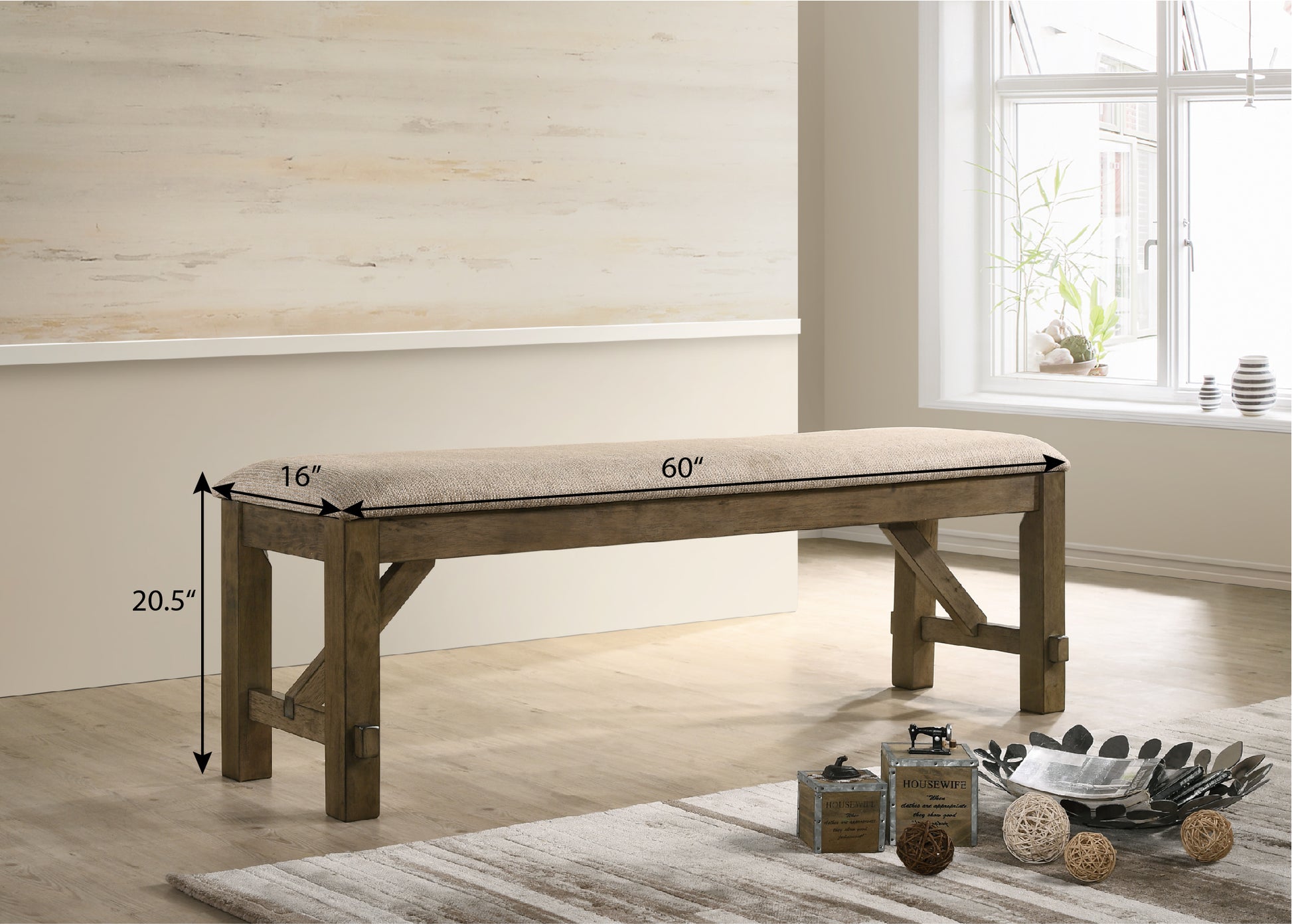 Rustic oak wood bench with beige upholstered seat
