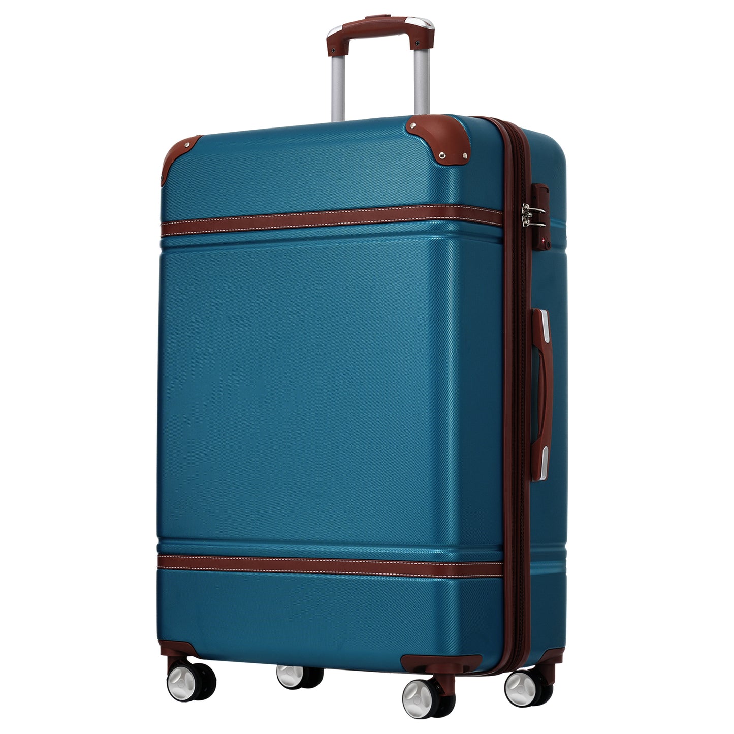 Teal polycarbonate suitcase with brown leather trim and silver accents for travel