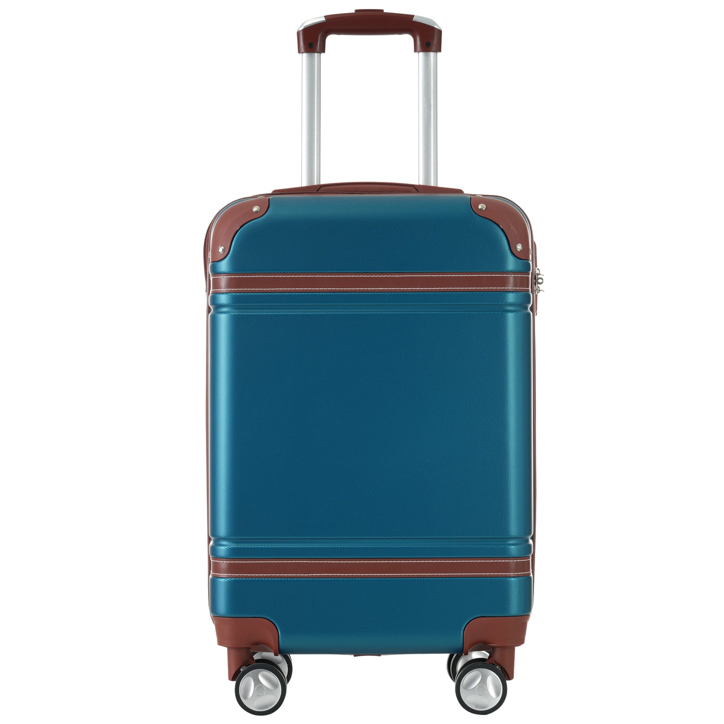 Teal carryon luggage with brown leather accents and telescoping handle
