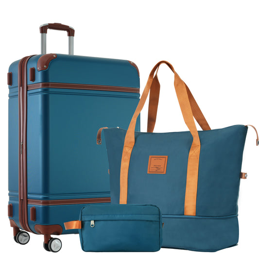 Teal hardside luggage set with brown trim including a suitcase duffel bag and toiletry bag for travel