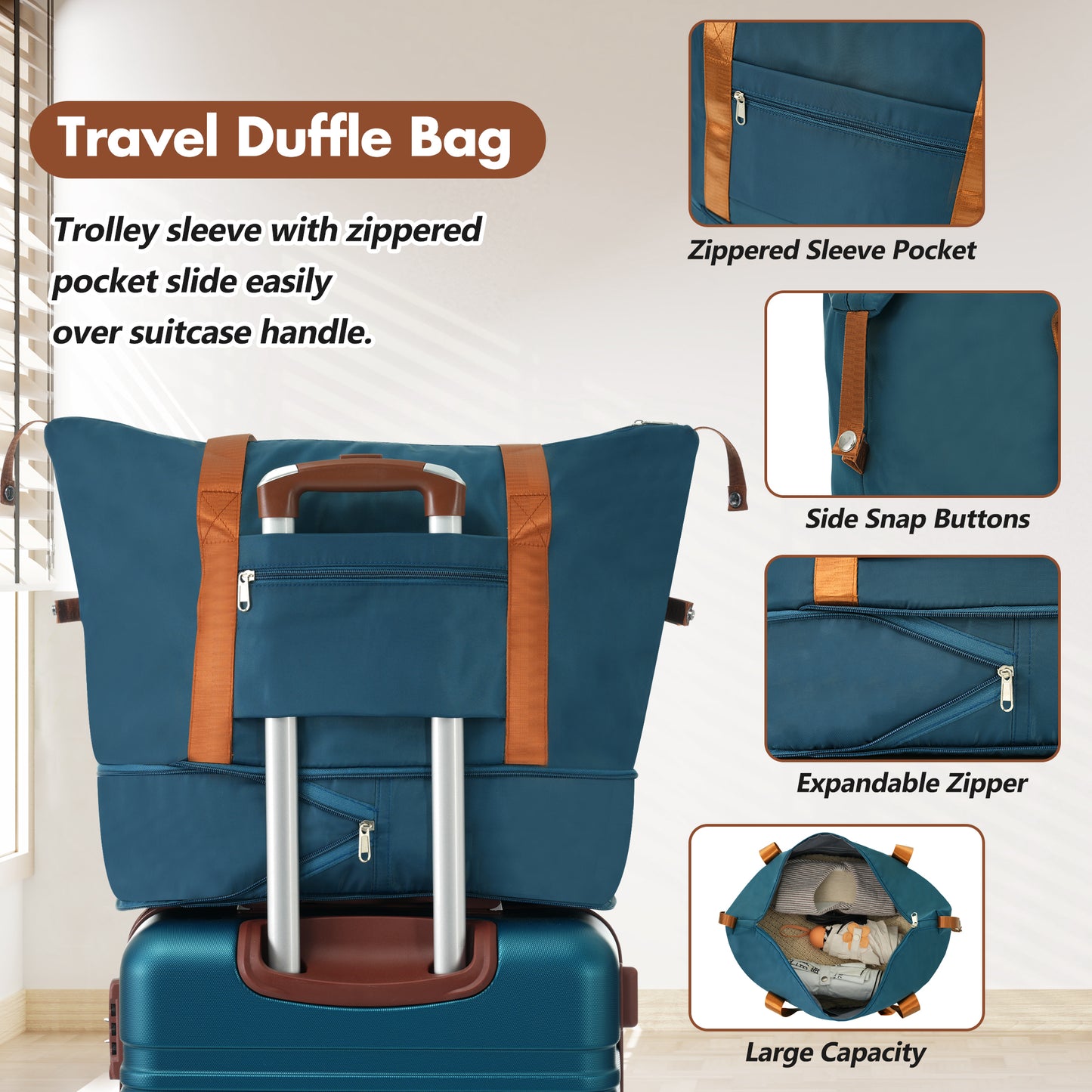 Teal duffle bag with brown straps trolley sleeve for easy travel