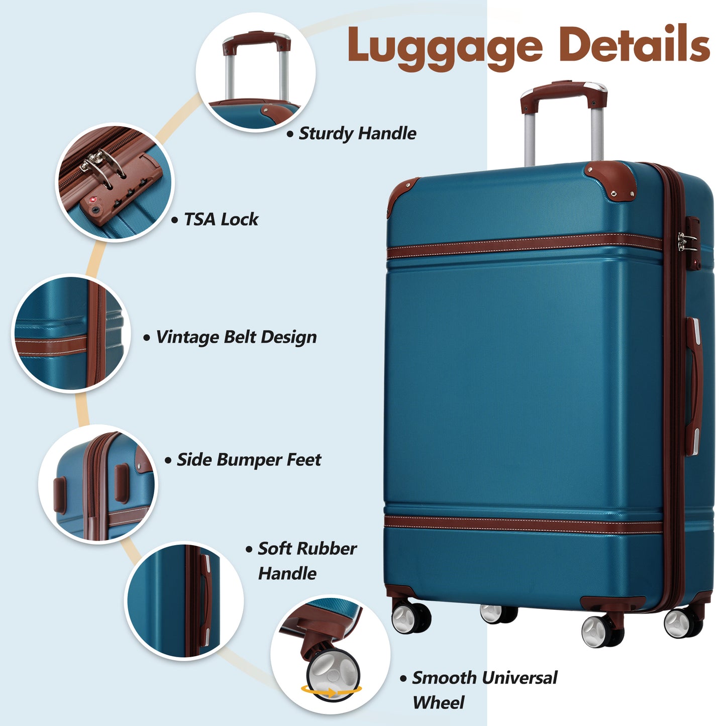 Teal hardshell suitcase with TSA lock and brown trim