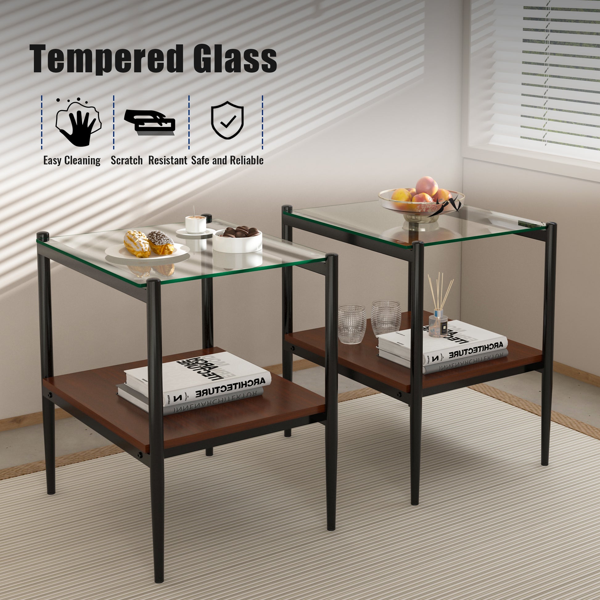 Two modern side tables with tempered glass tops and walnut finish shelves