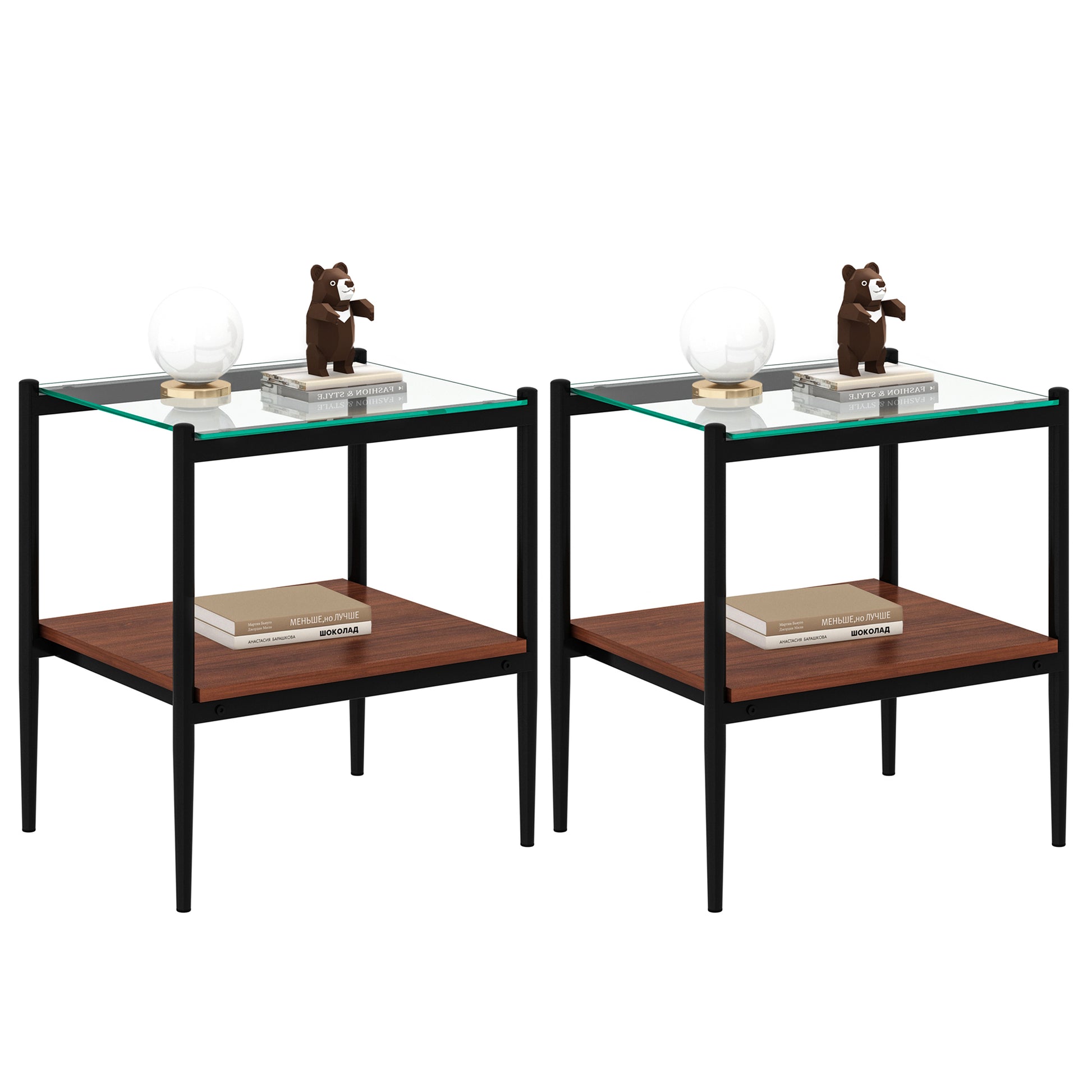 Black metal and glass side table with walnut shelf and bear decor