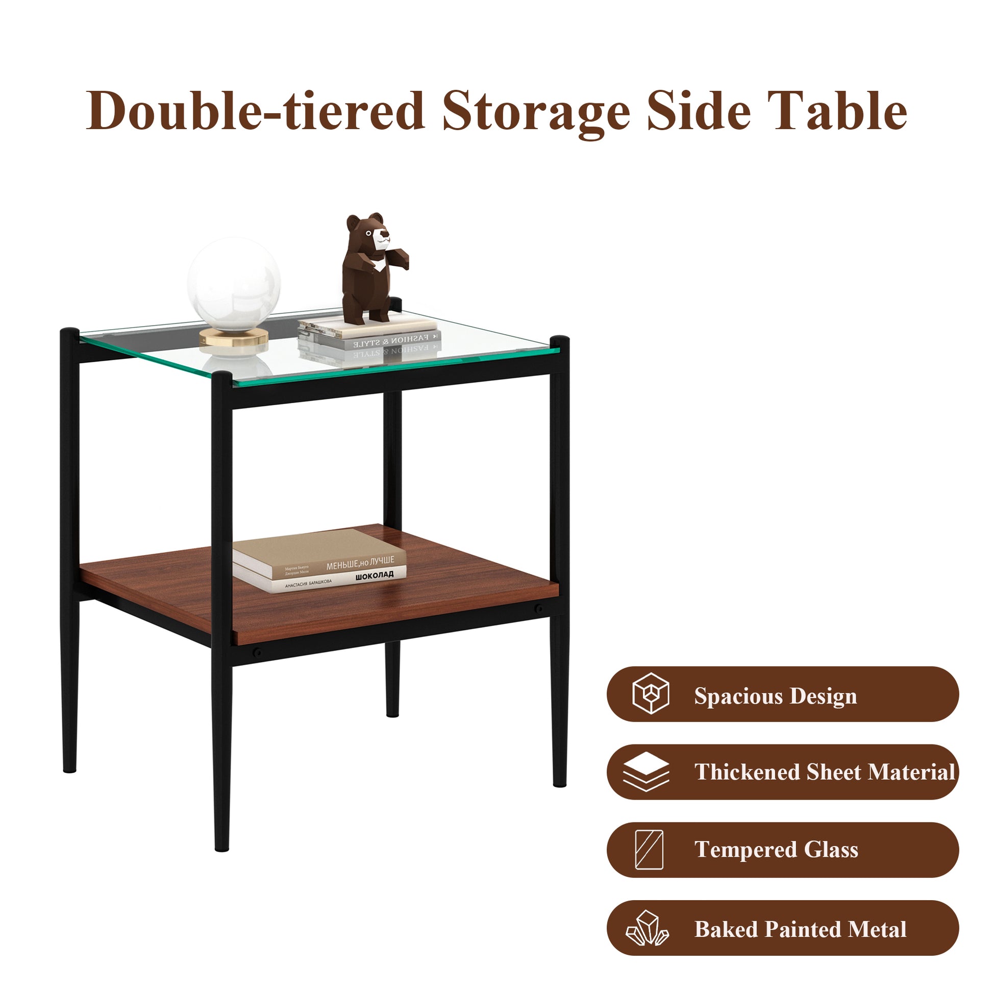 Black metal and wood twotier side table with tempered glass top perfect for modern living rooms