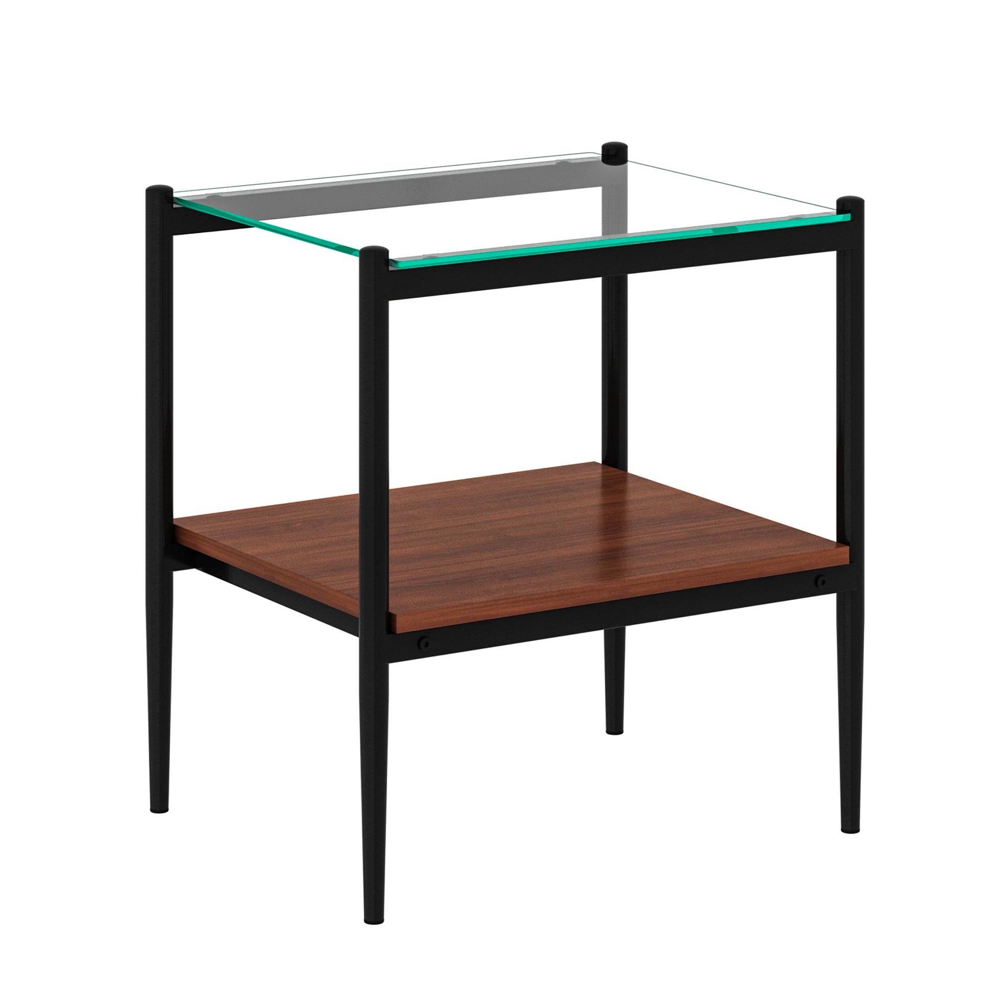 Twotier modern side table with clear glass top and walnut wood shelf