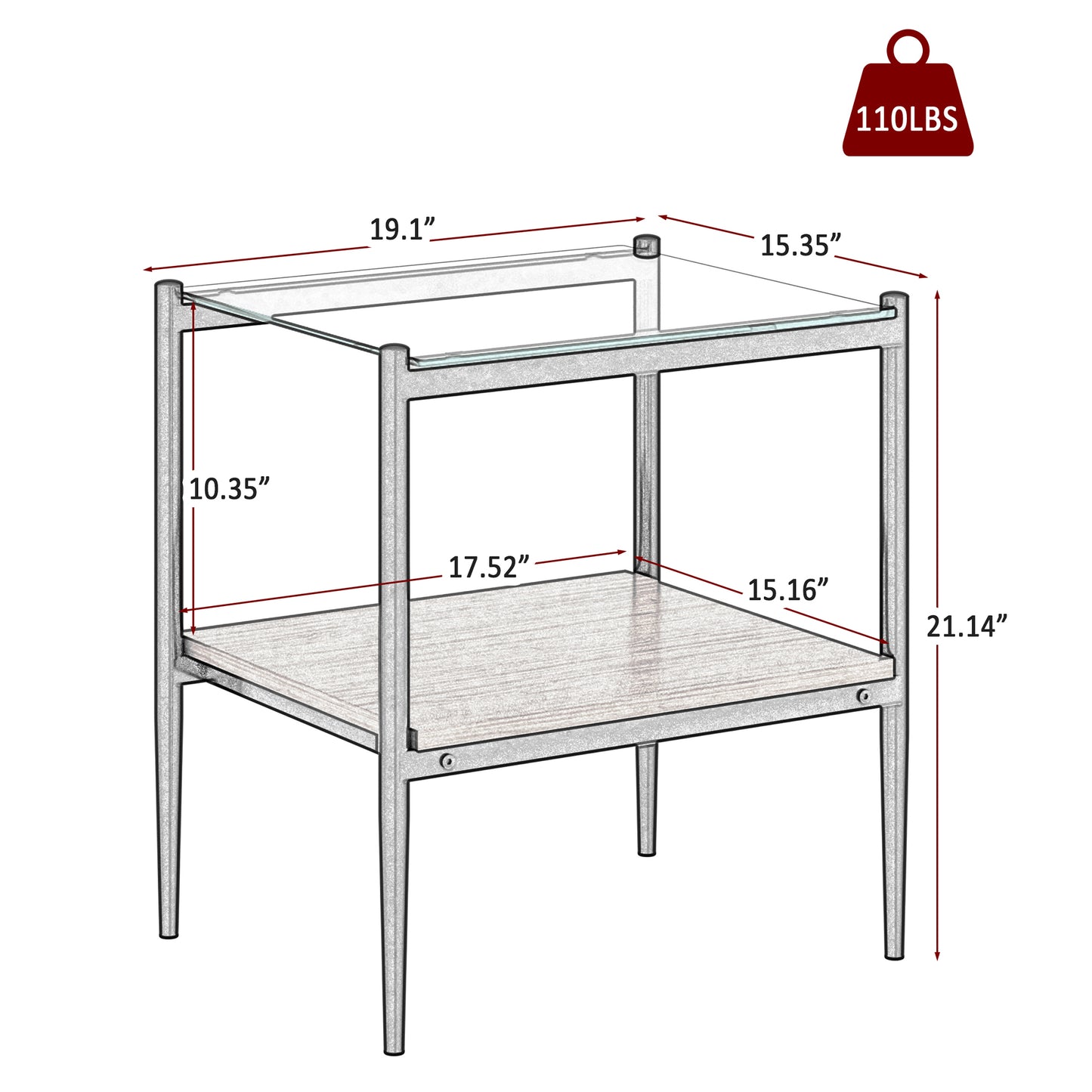 Modern end table with glass top and wooden shelf  W