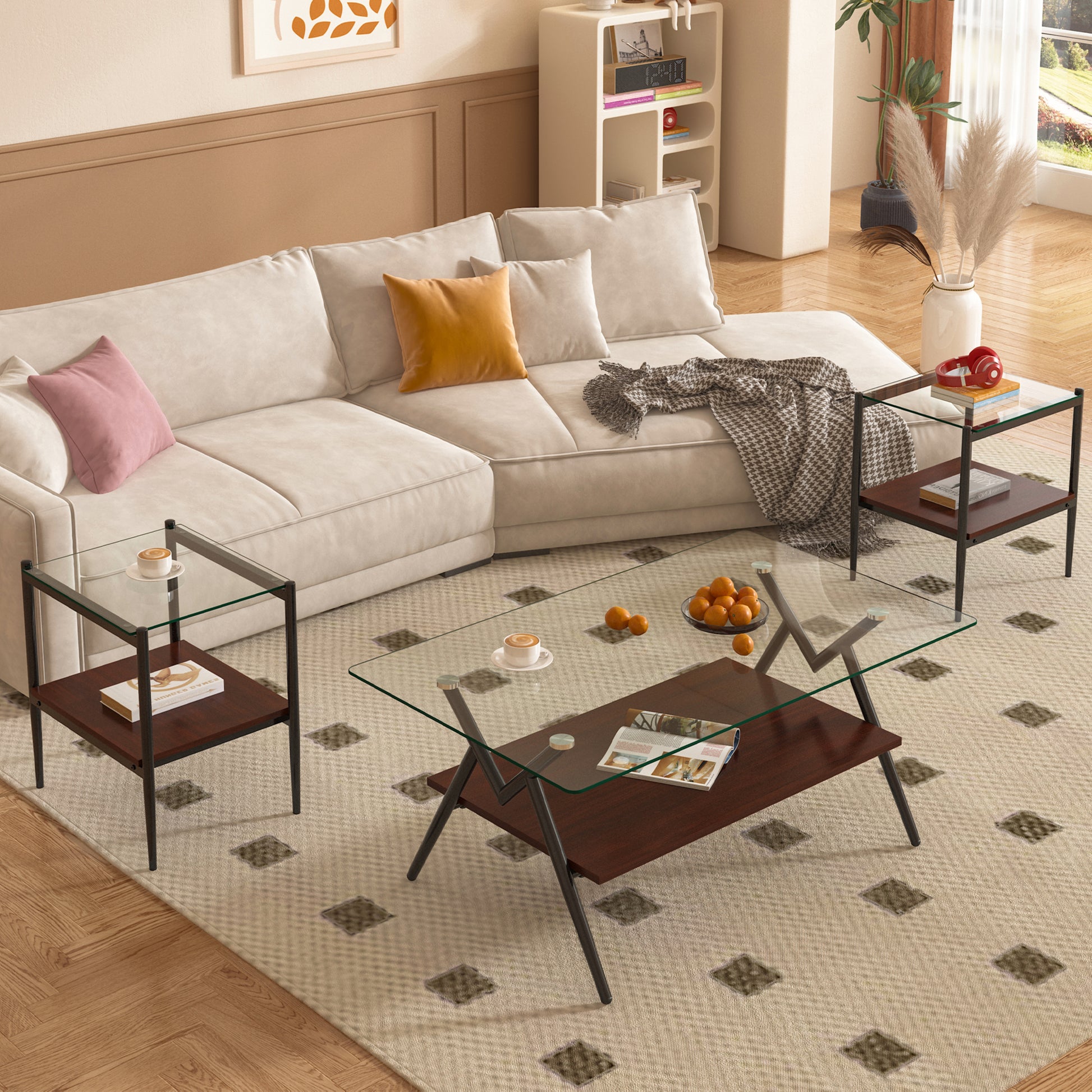 Glass top coffee table with dark wood shelves and metal legs for living room style
