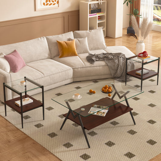 Glass top coffee table with dark wood shelves and metal legs for living room style