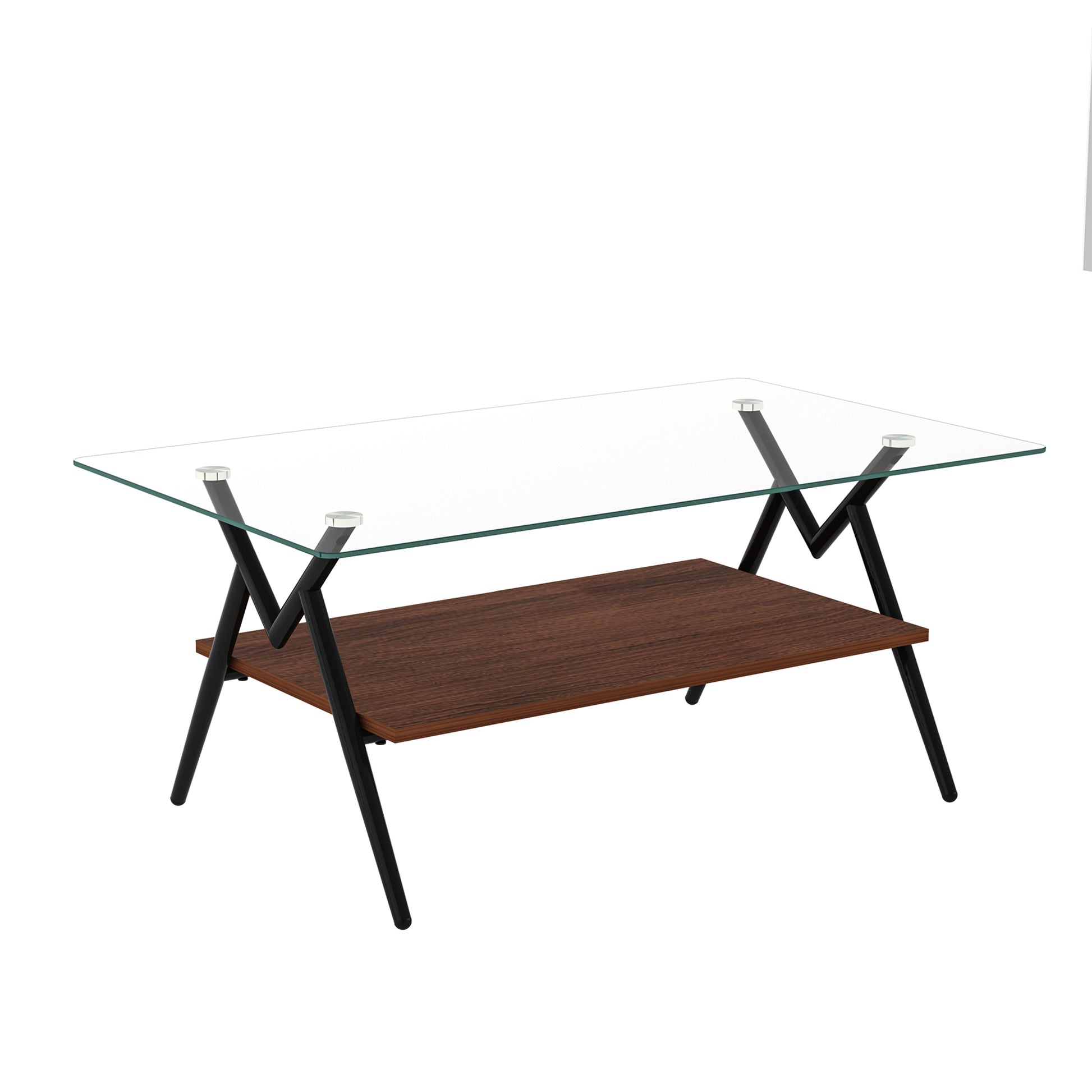 Modern coffee table with clear glass top and dark wood shelf on black metal legs