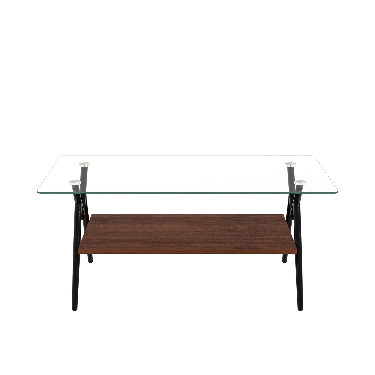 Clear glass top coffee table with dark wood shelf and black metal legs