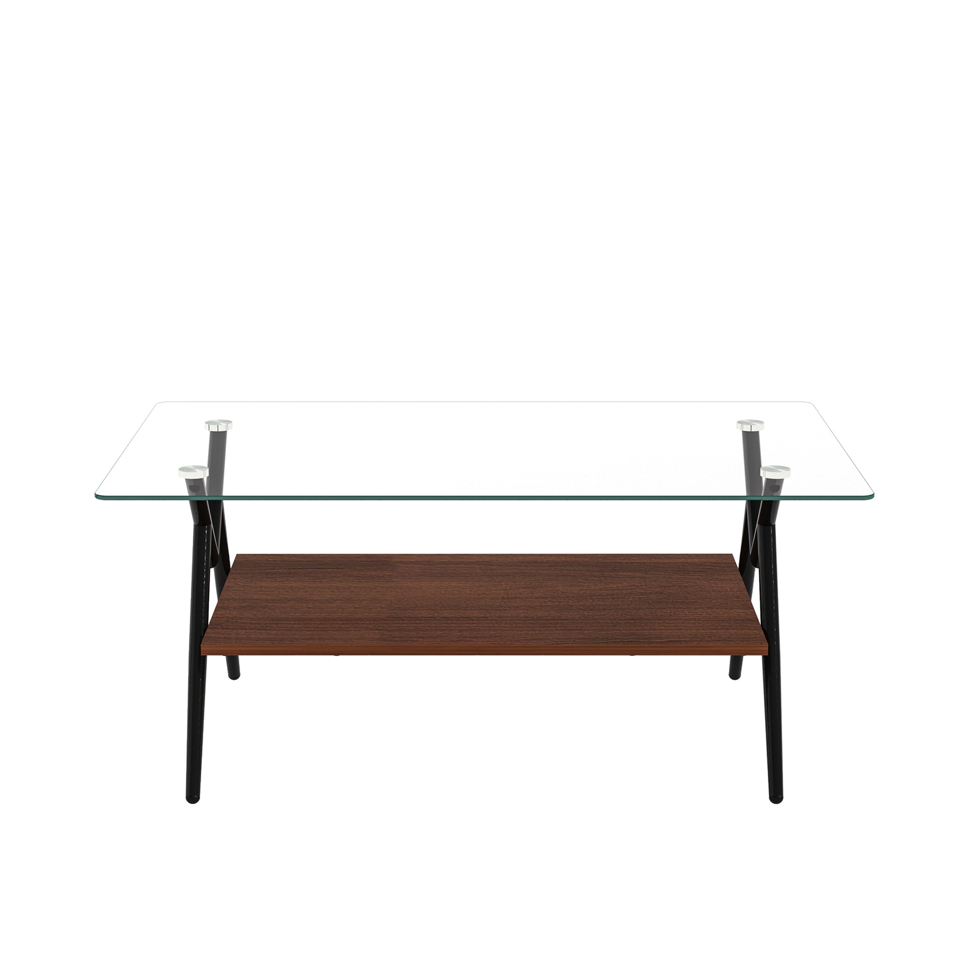 Clear glass top coffee table with dark wood shelf and black metal legs