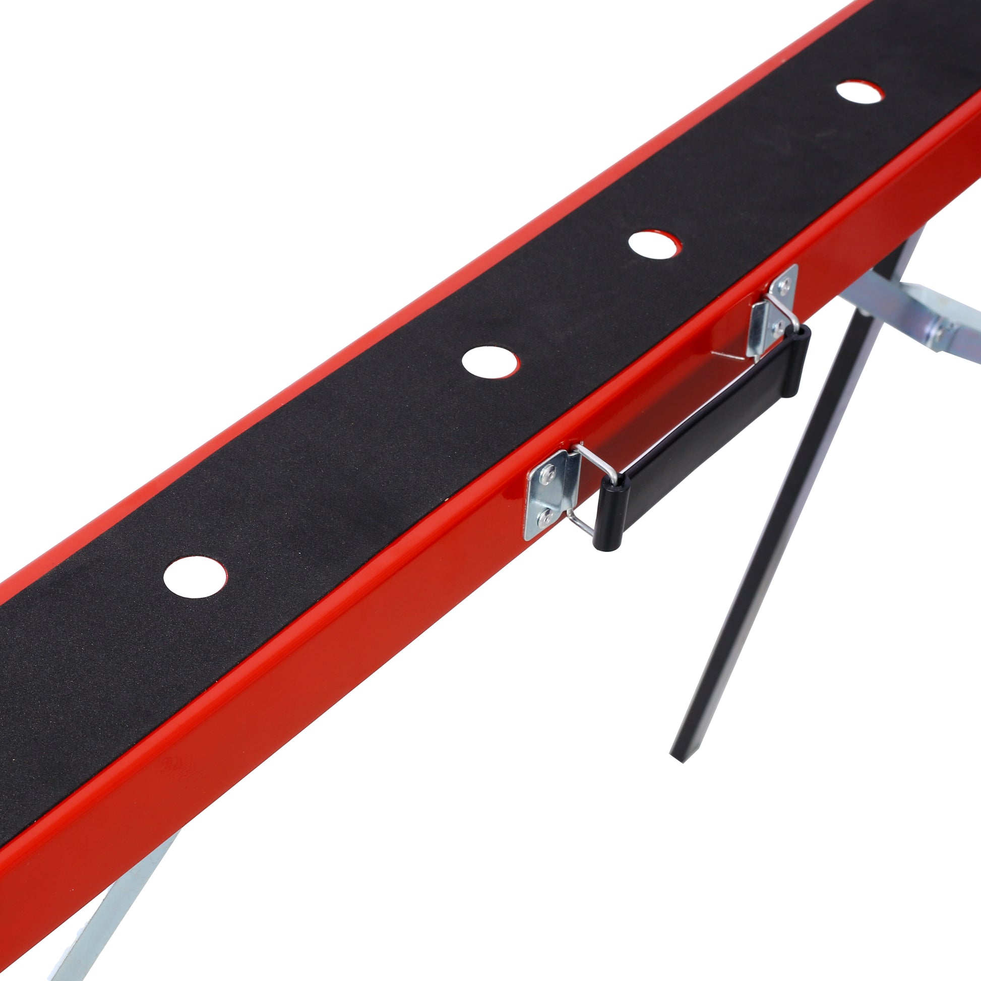 Red metal sawhorse with black textured top surface and predrilled holes