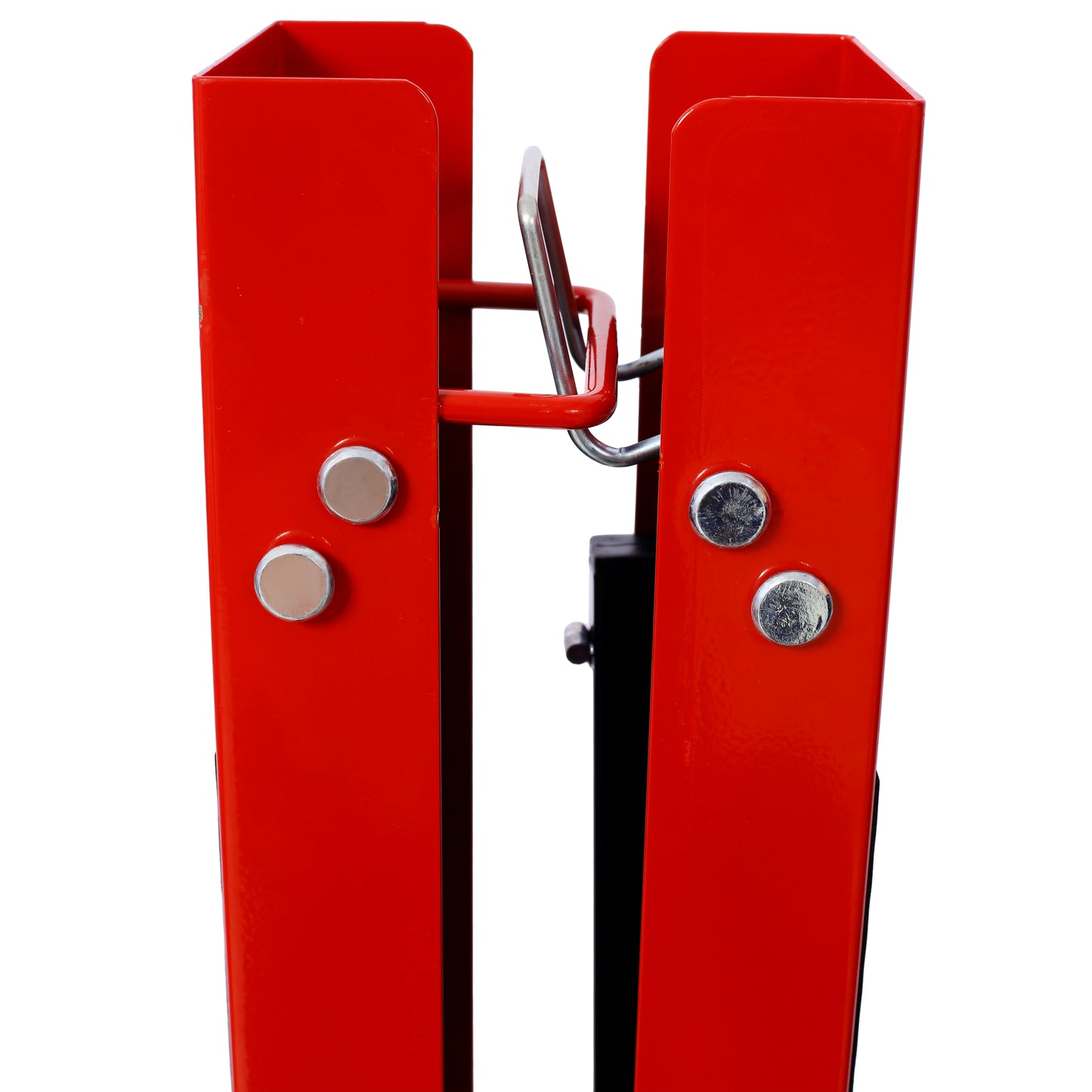 Red metal jack stand with silver securing pins on white background