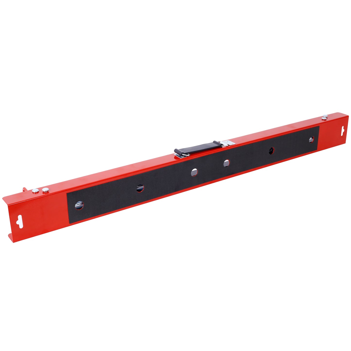 Red metal beam with a black rubber grip strip and two mounting bolts for securing equipment