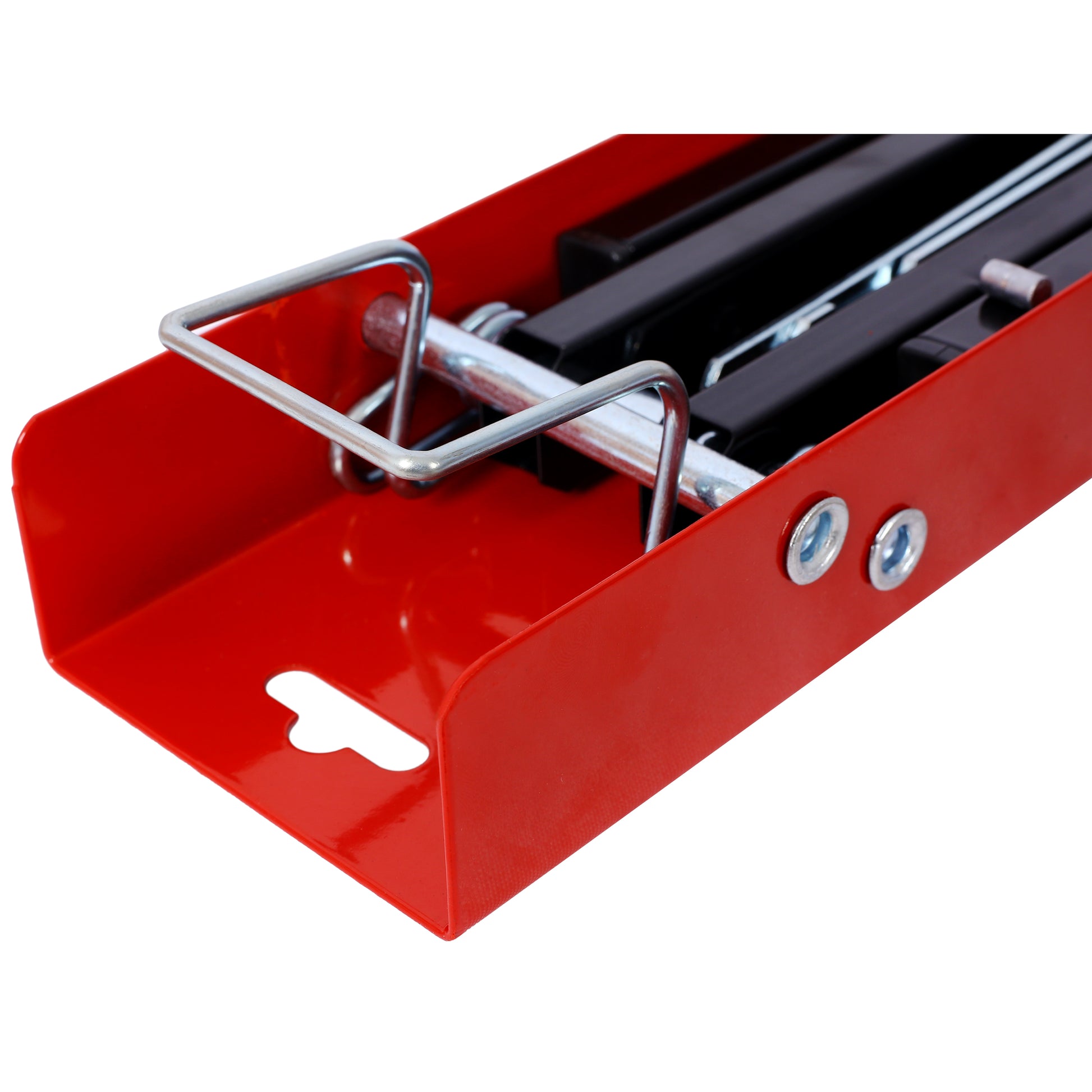 Red metal bracket with silver pin for secure fastening