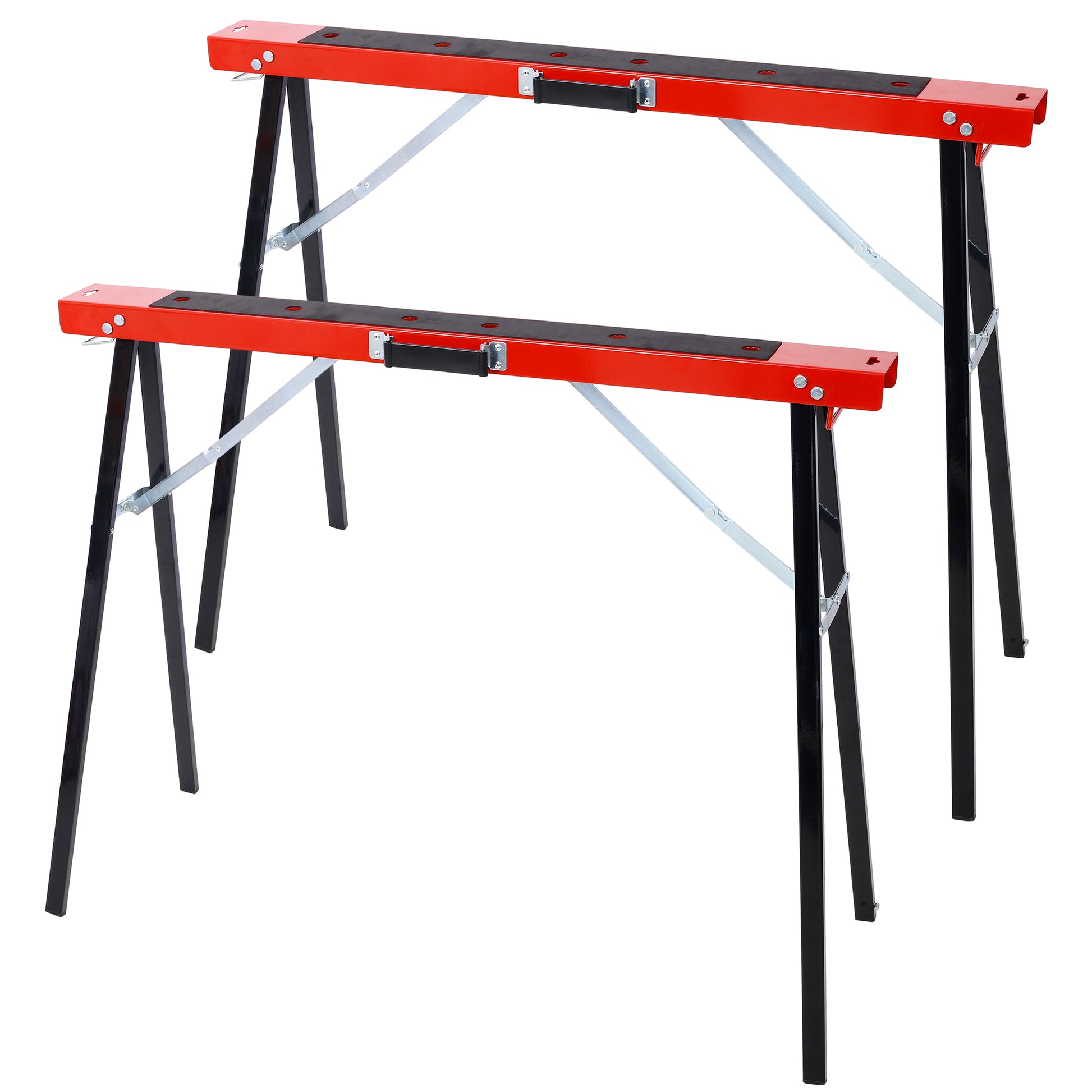 Red metal saw horses with black legs and rubber top for stable support