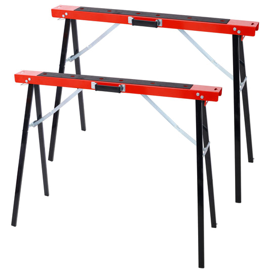 Red metal saw horses with black legs and rubber top for stable support