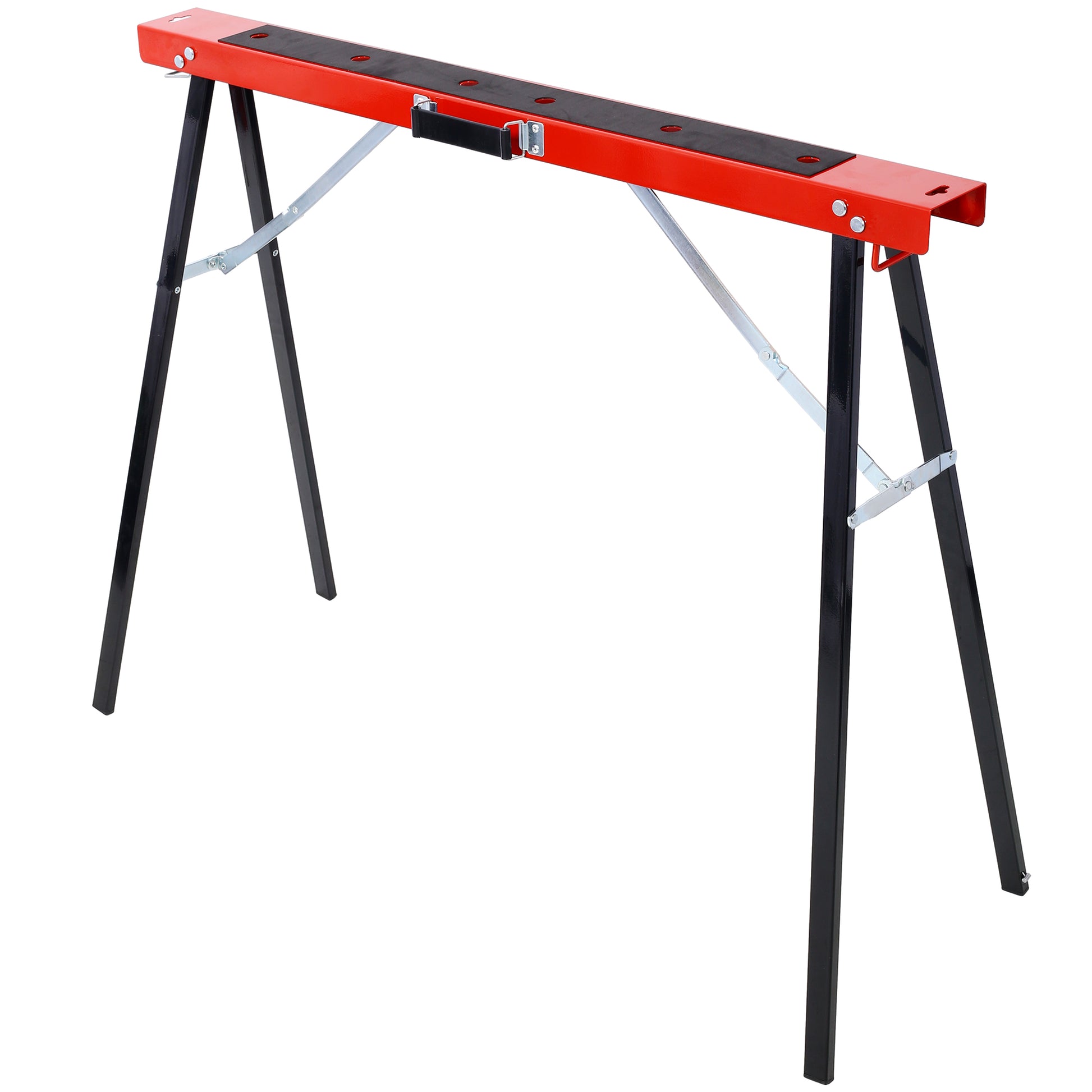 Red and black folding sawhorse with rubber grip and metal bracing