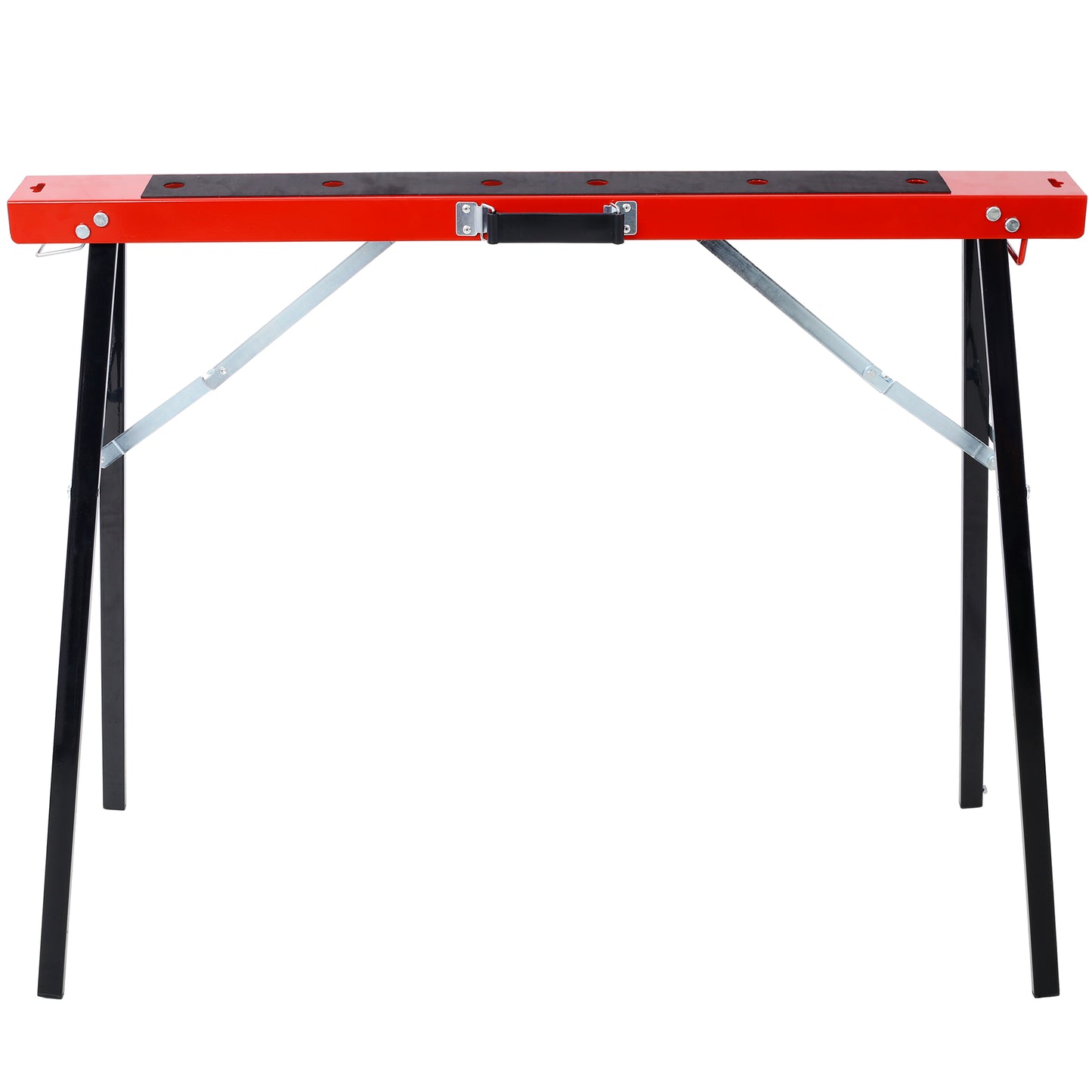 Red foldable sawhorse with black metal legs and rubber grip for woodworking