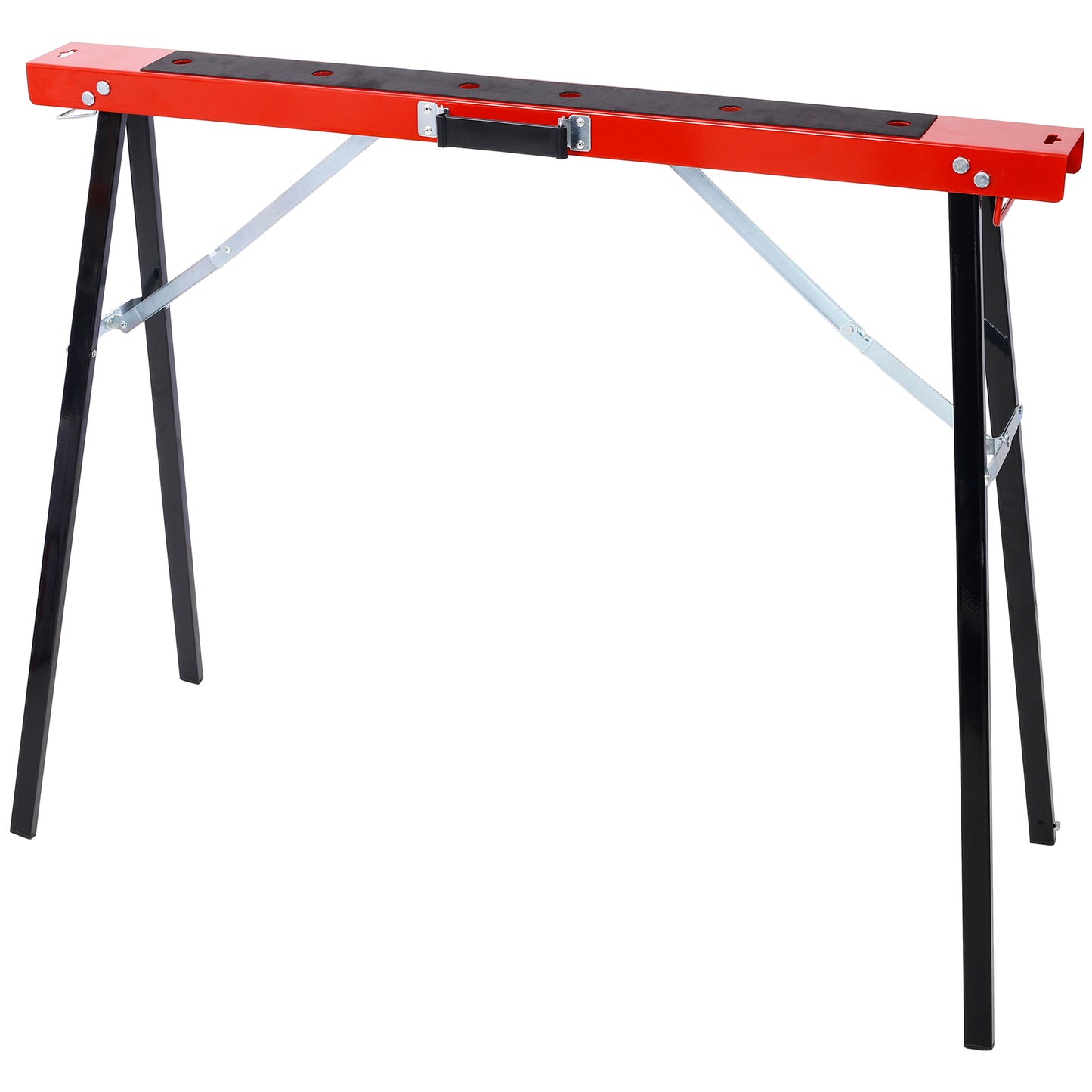 Red steel folding sawhorse with black legs and carrying handle