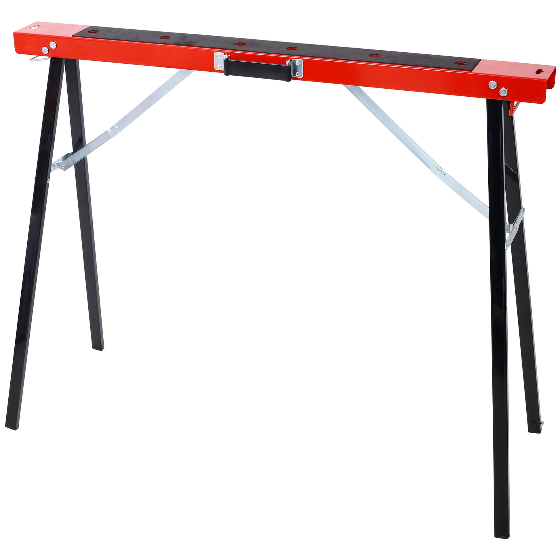 Red steel folding sawhorse with black legs and carrying handle