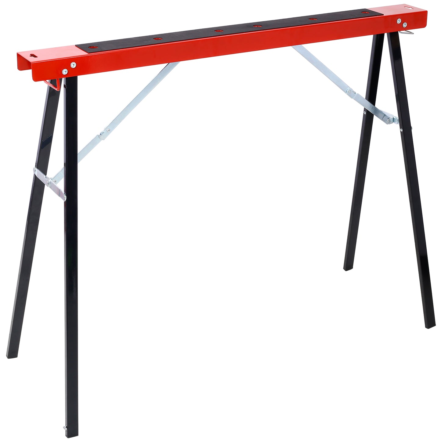 Red and black metal sawhorses with rubber grip for stable workbench support