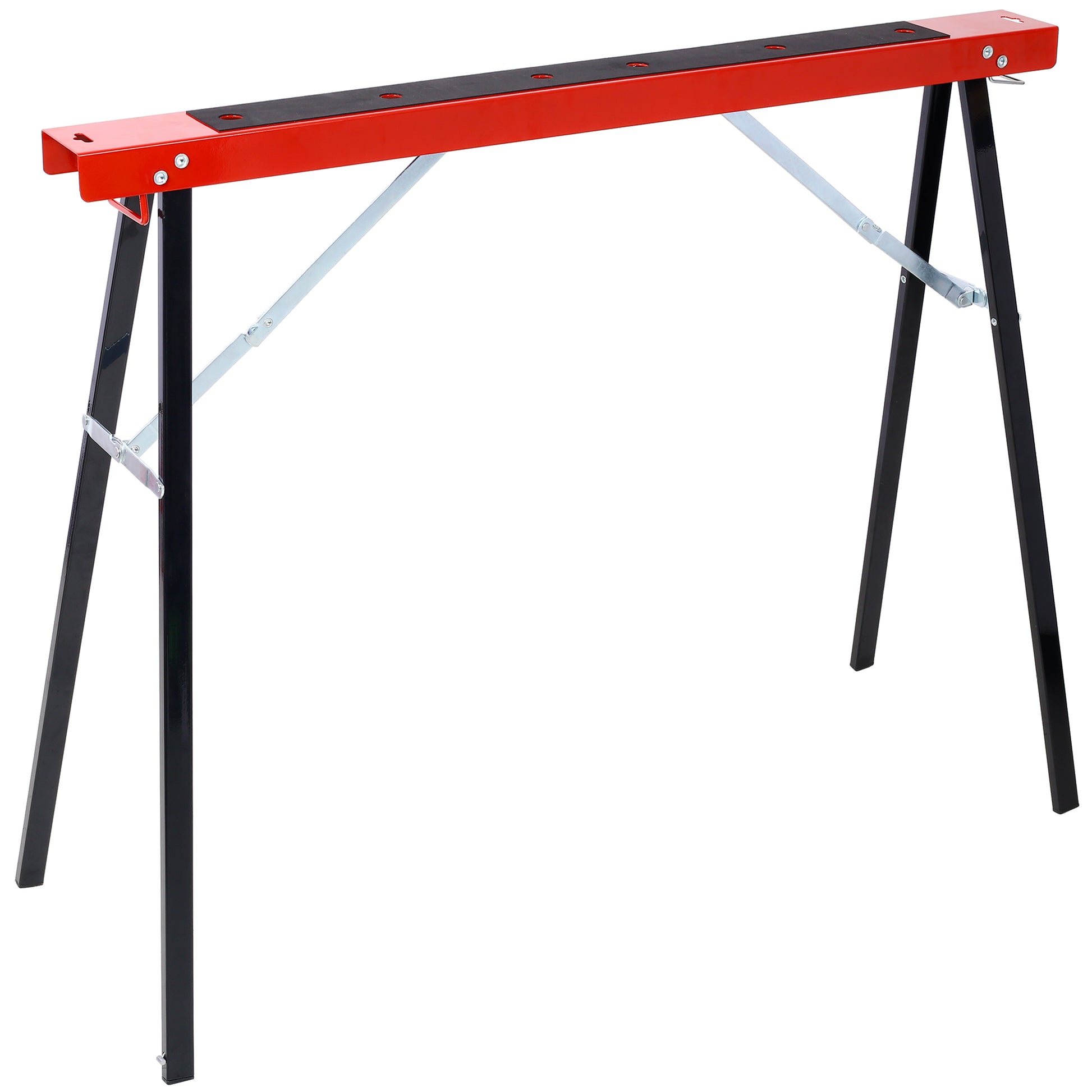 Red and black metal sawhorses with rubber grip for stable workbench support