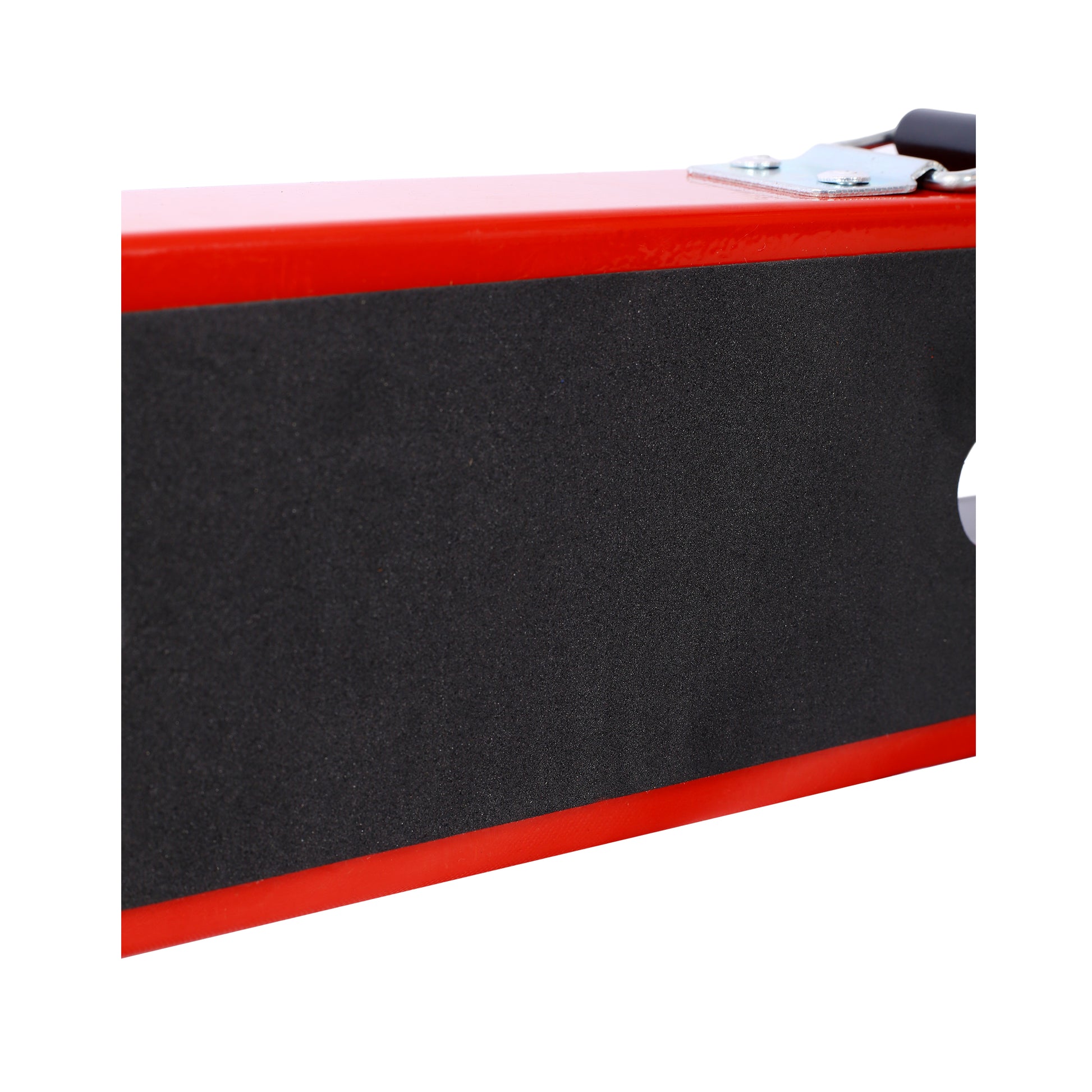 Red metal box with black textured grip secured with a latch