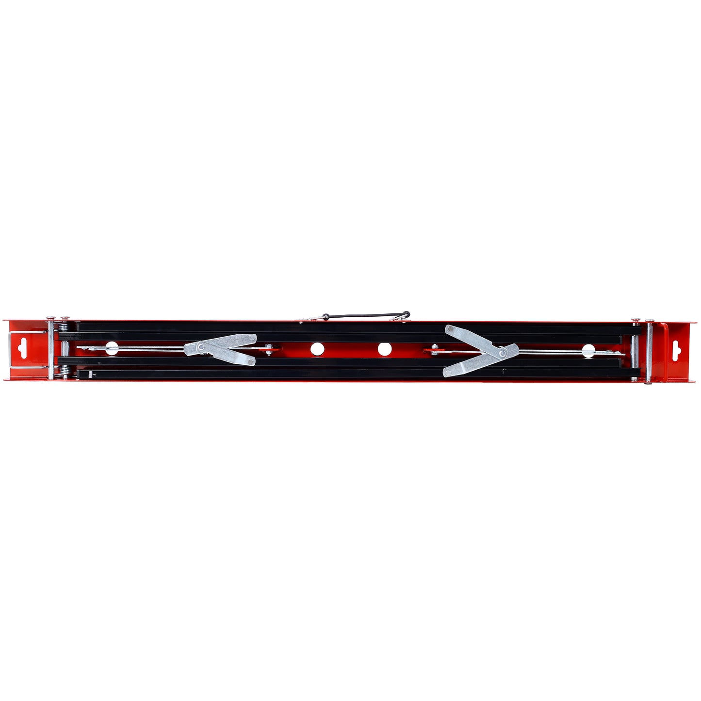 Red metal collapsible ladder with silver clamps and spring mechanism