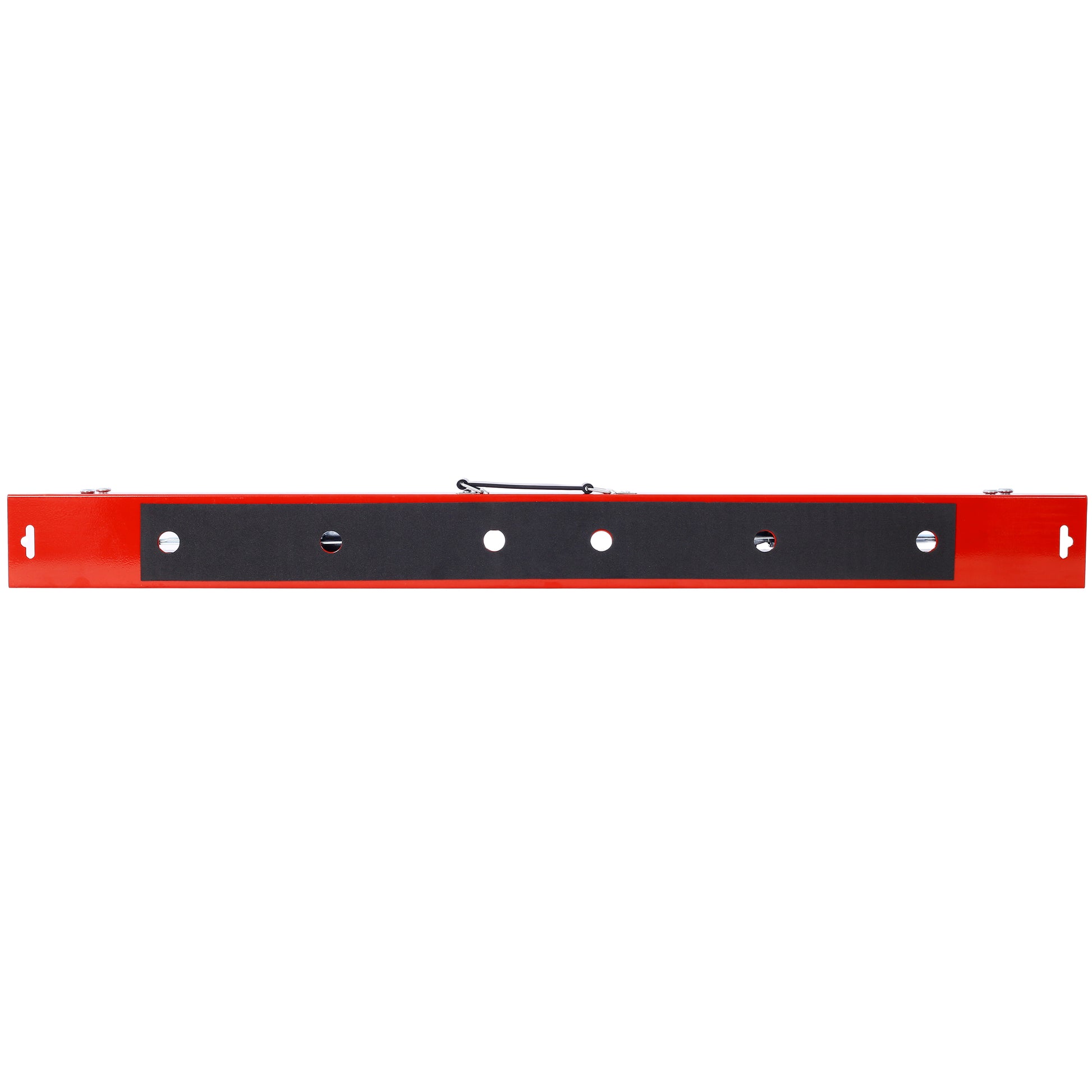 Red steel bracket with black rubber grip and multiple bolt holes for secure mounting