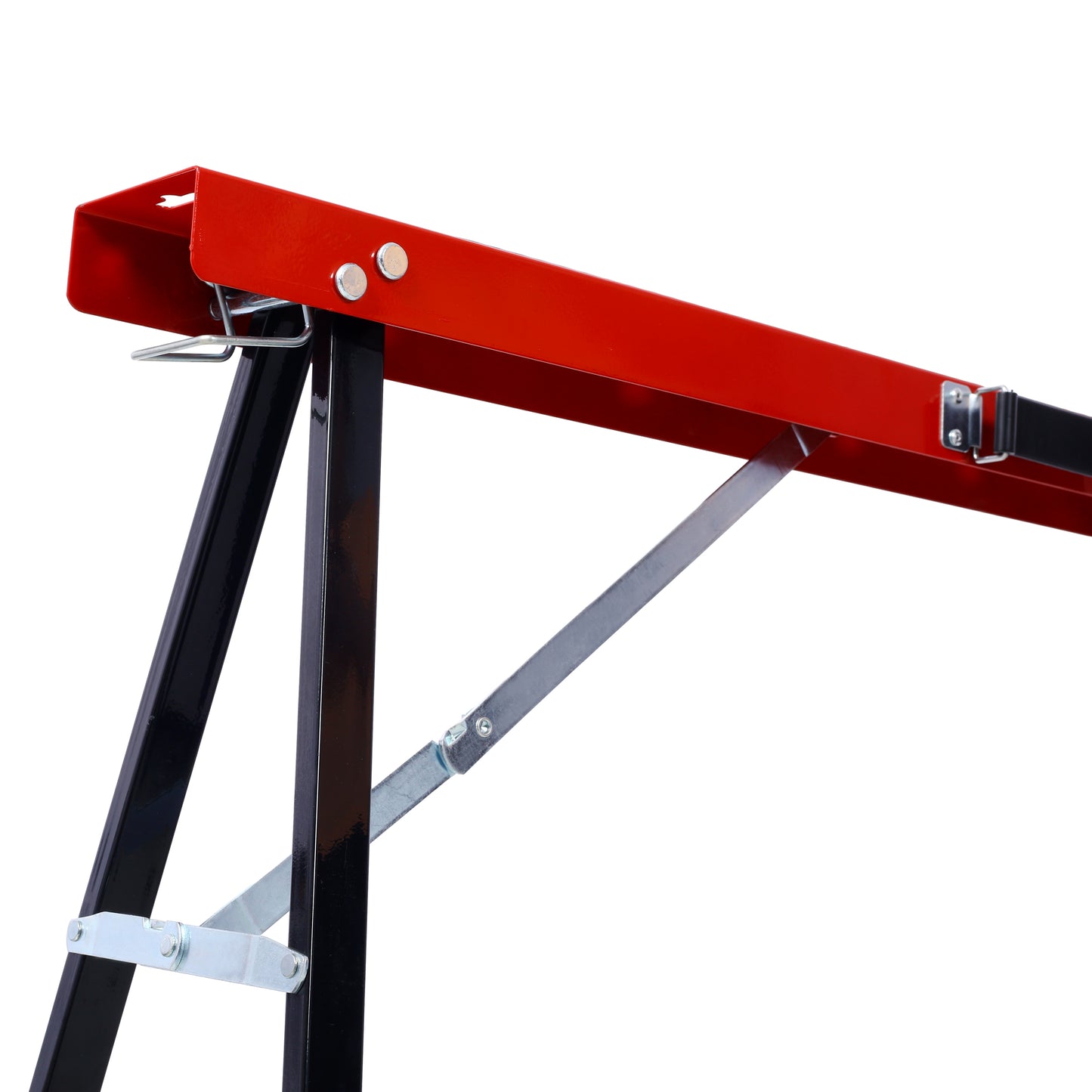 Red and black steel sawhorse with metal bracing ideal for workshop use