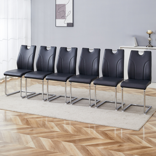 Six black faux leather dining chairs with chrome sled legs