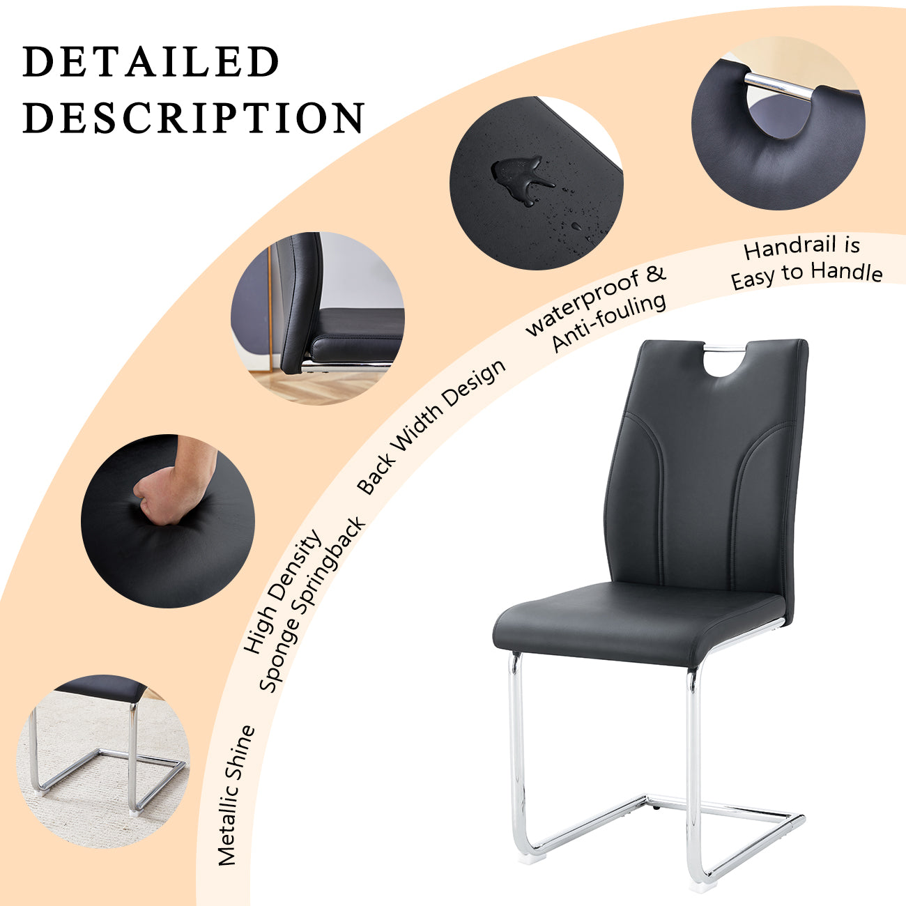 Black leather dining chair with chrome sled base and handrail