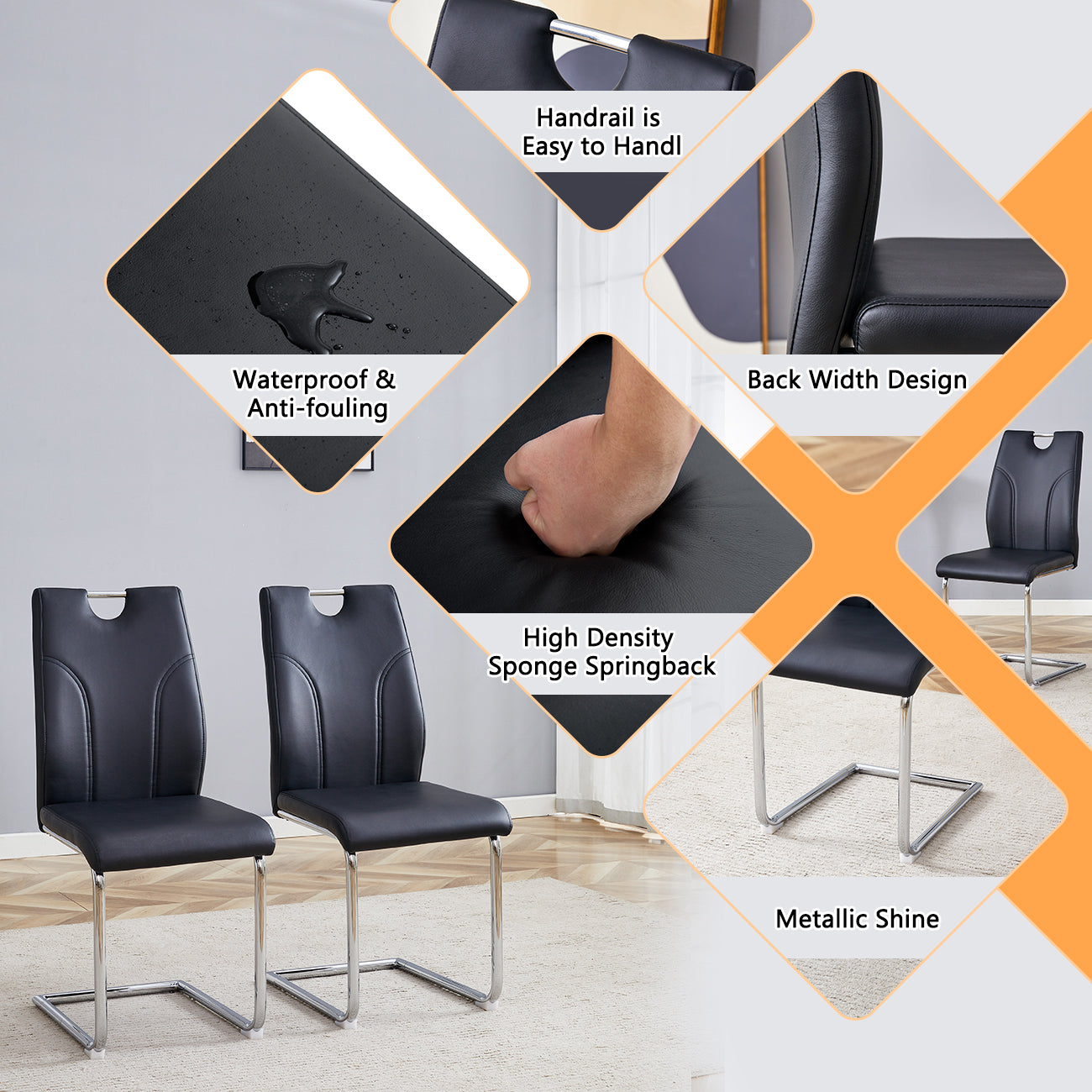 Two black leatherette dining chairs with chrome sled bases on a rug