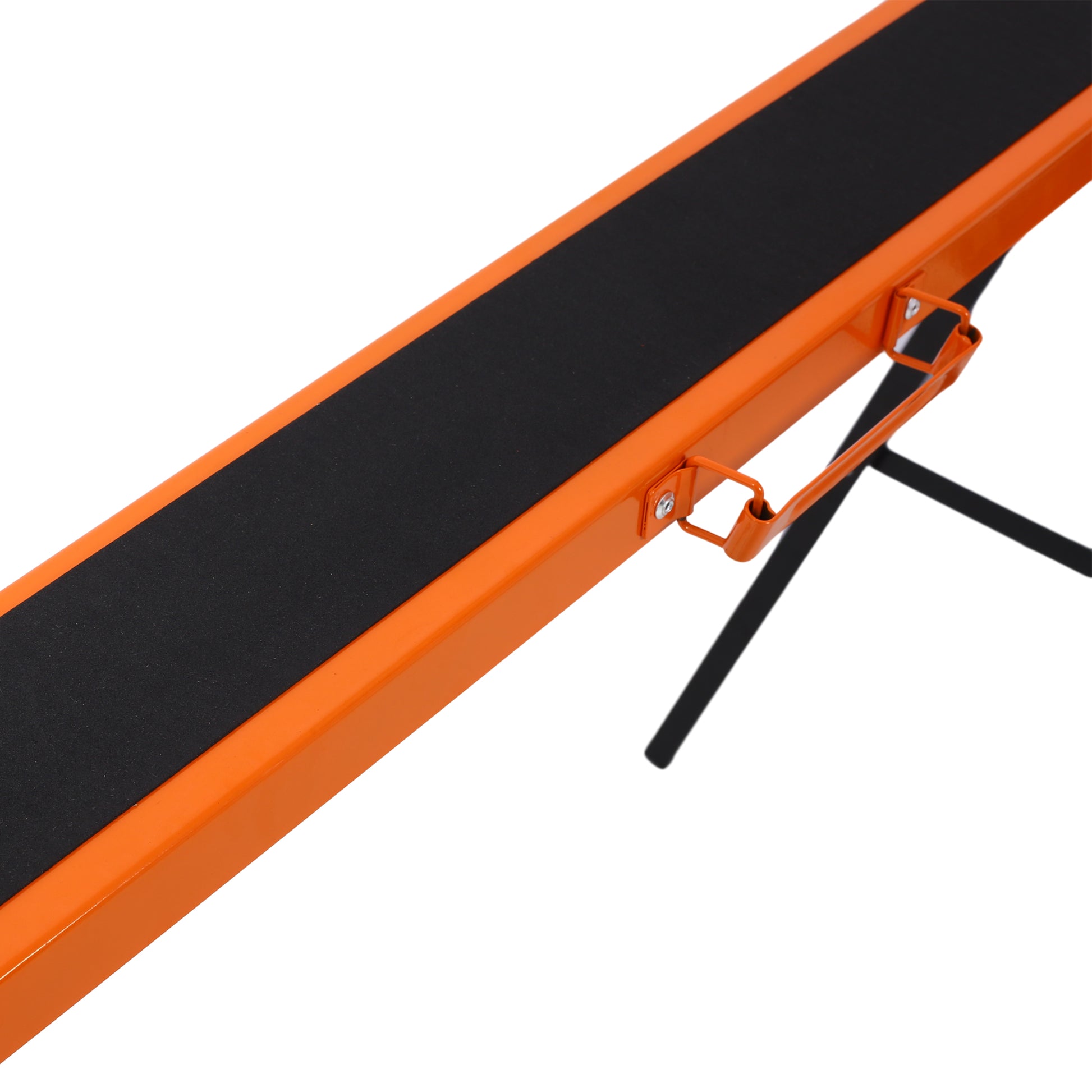 Orange metal ramp with black nonslip surface and folding legs ideal for accessibility