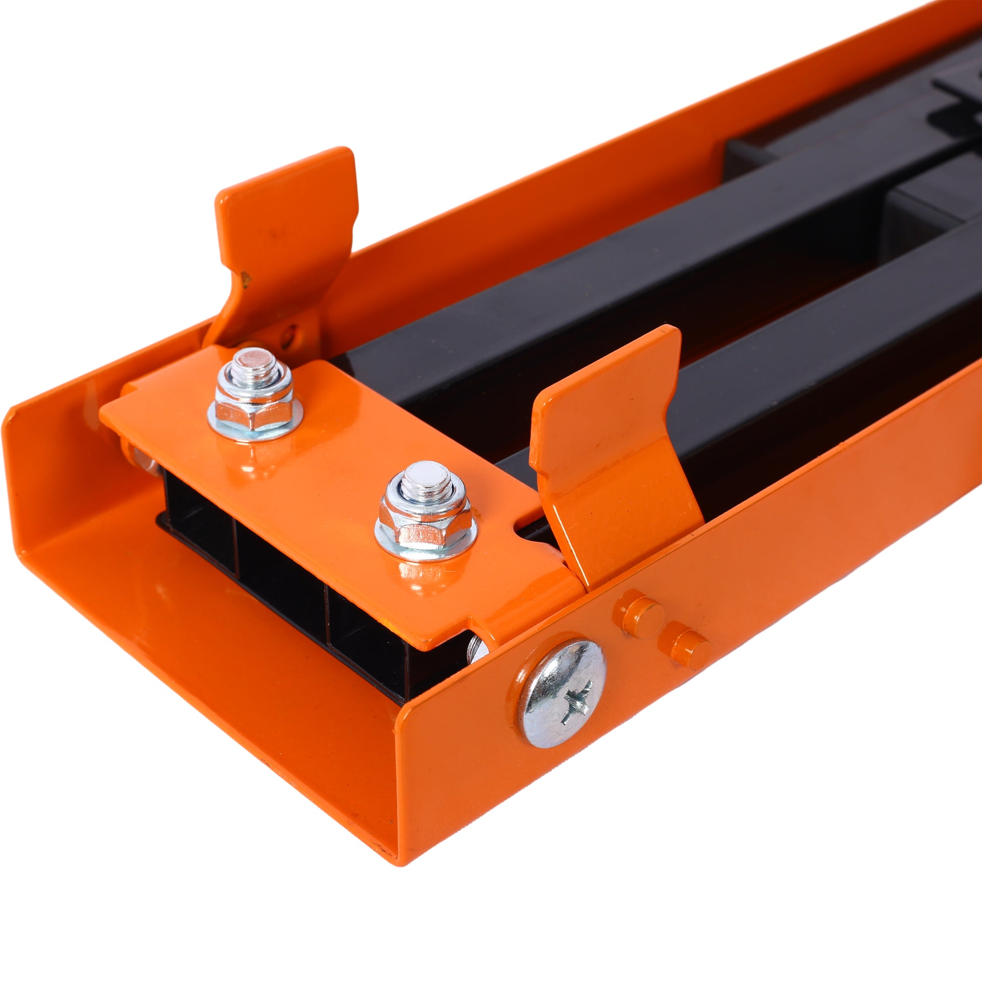 Orange metal jack stand bracket with black steel supports and silver bolts